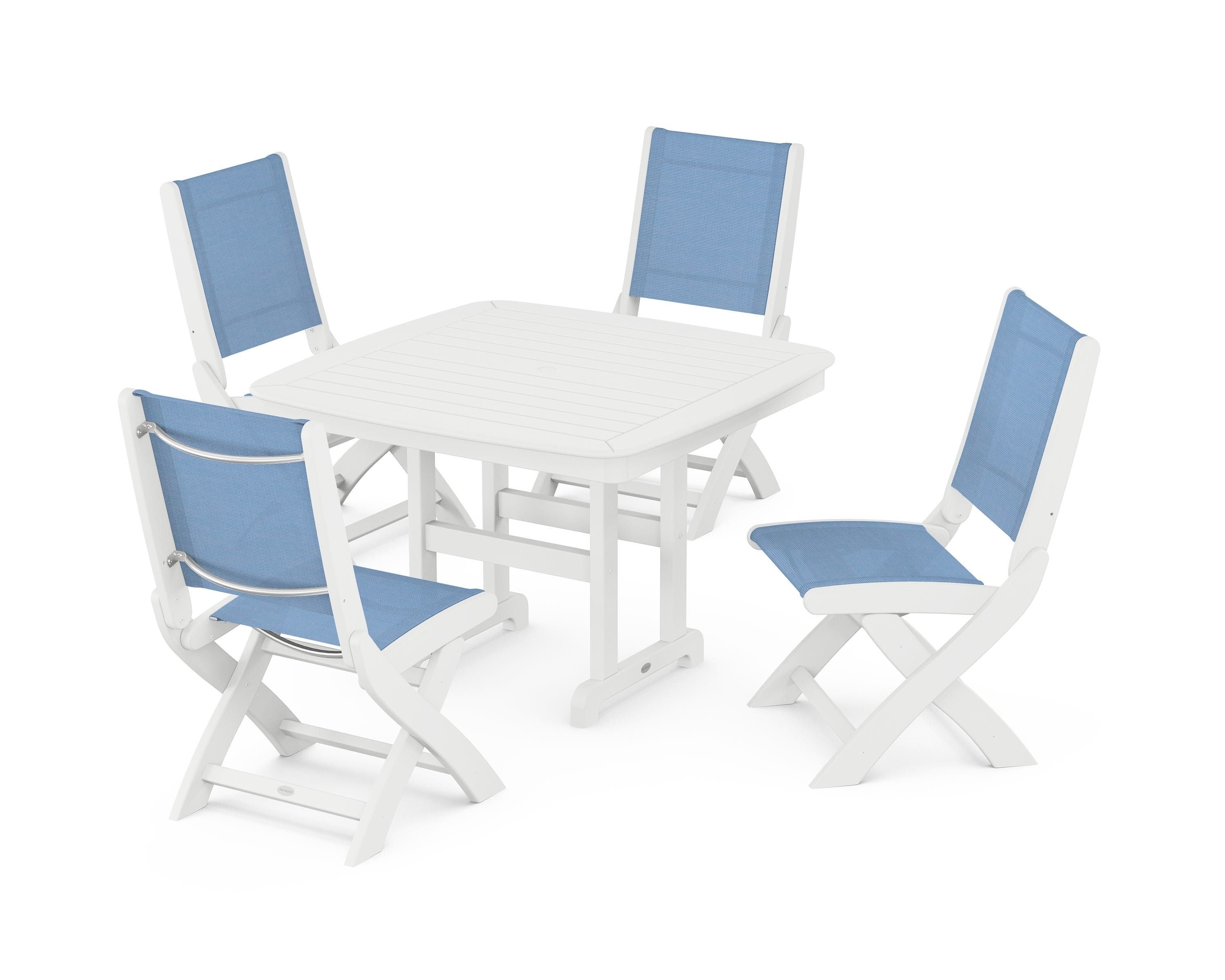 POLYWOOD® Coastal Folding Side Chair 5-Piece Dining Set in White / Poolside Sling