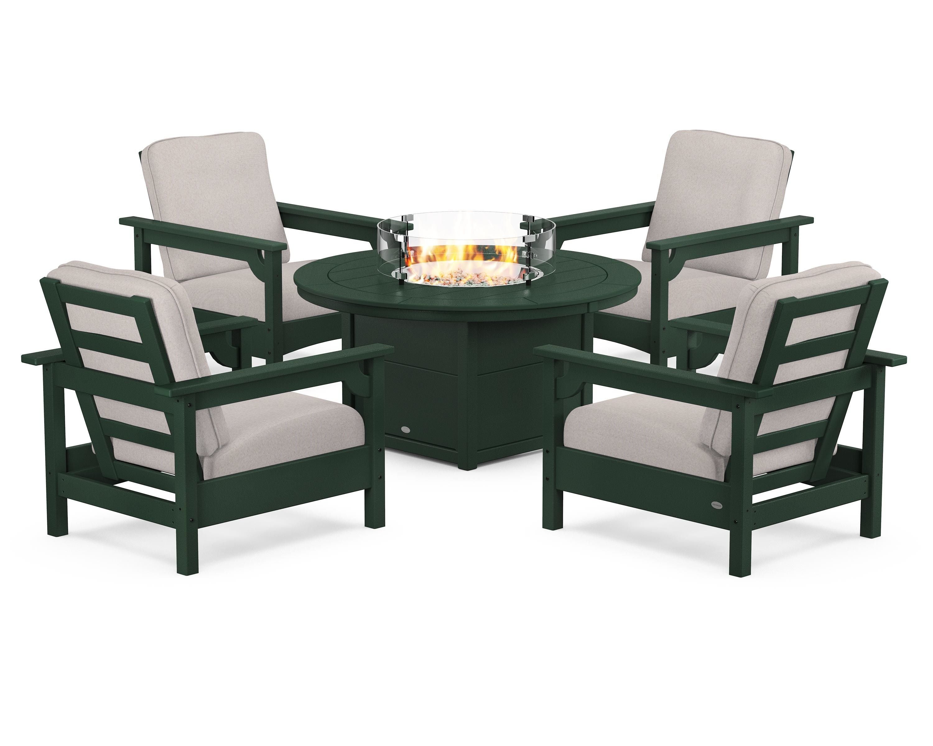 POLYWOOD® Club 5-Piece Conversation Set with Fire Pit Table in Green / Dune Burlap