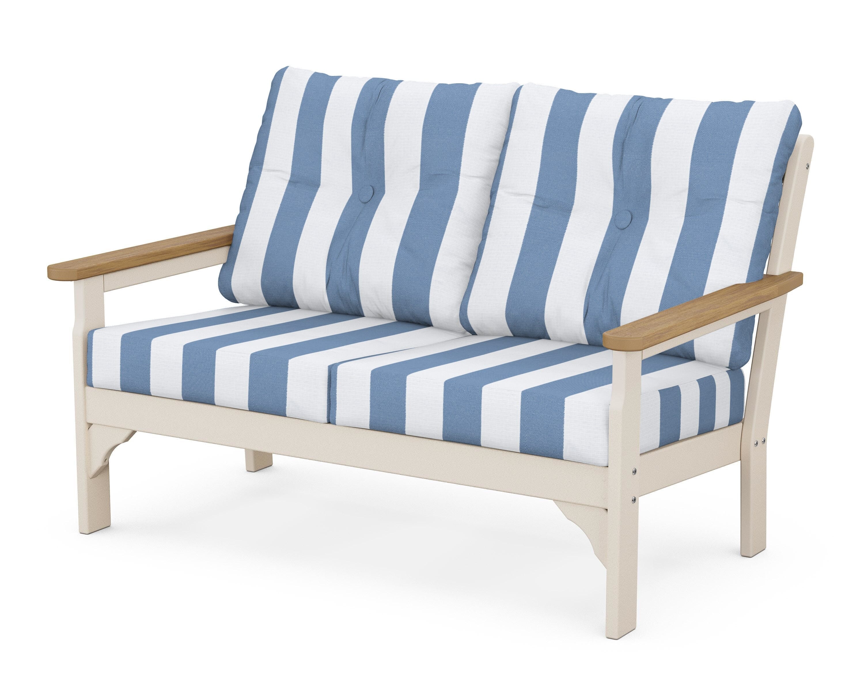 POLYWOOD® Vineyard Deep Seating Loveseat in Sand / Natural / Cabana Stripe Sky Blue
