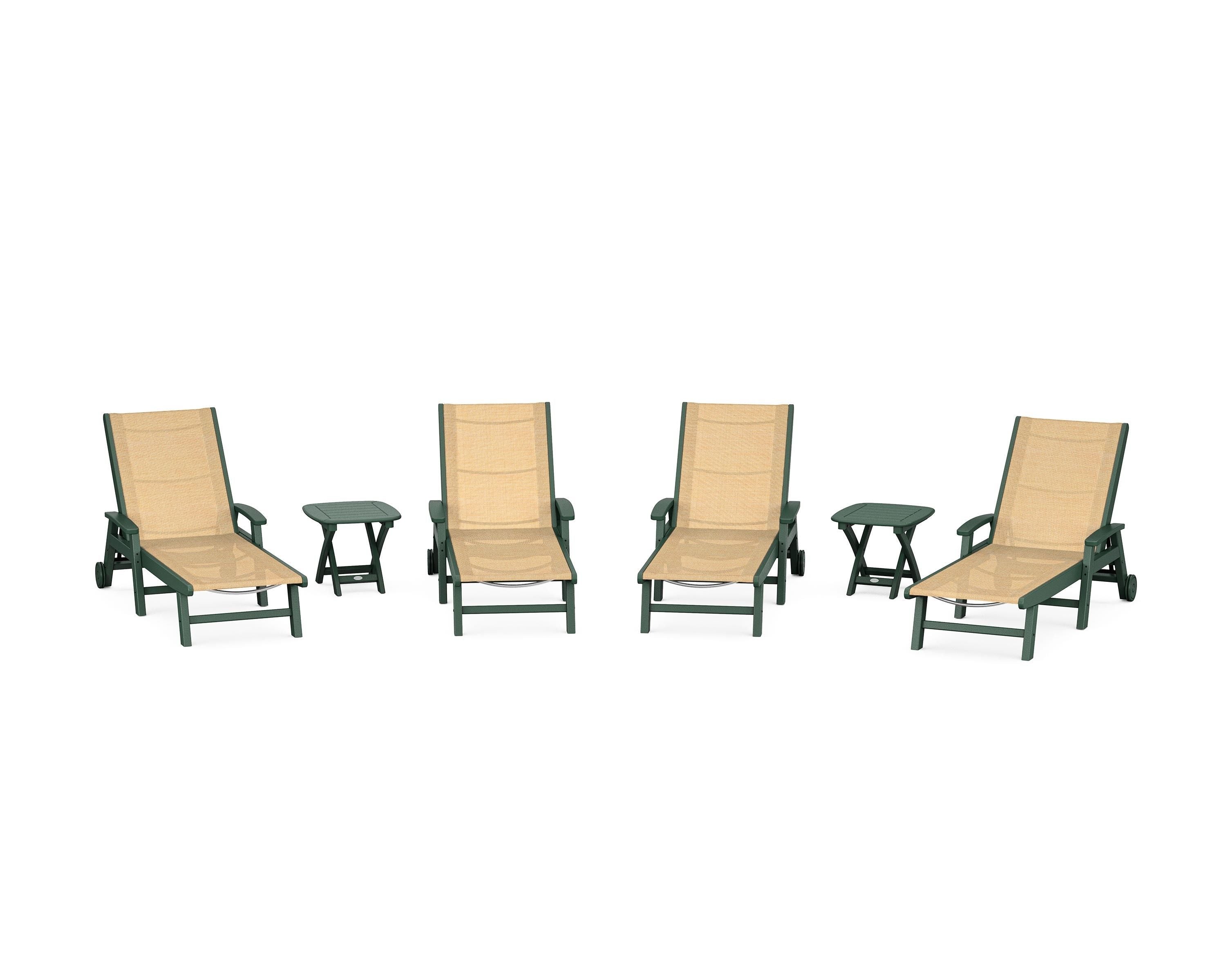 POLYWOOD® Coastal Chaise 6-Piece Set with Wheels in Green / Dupioni Apricot Sling
