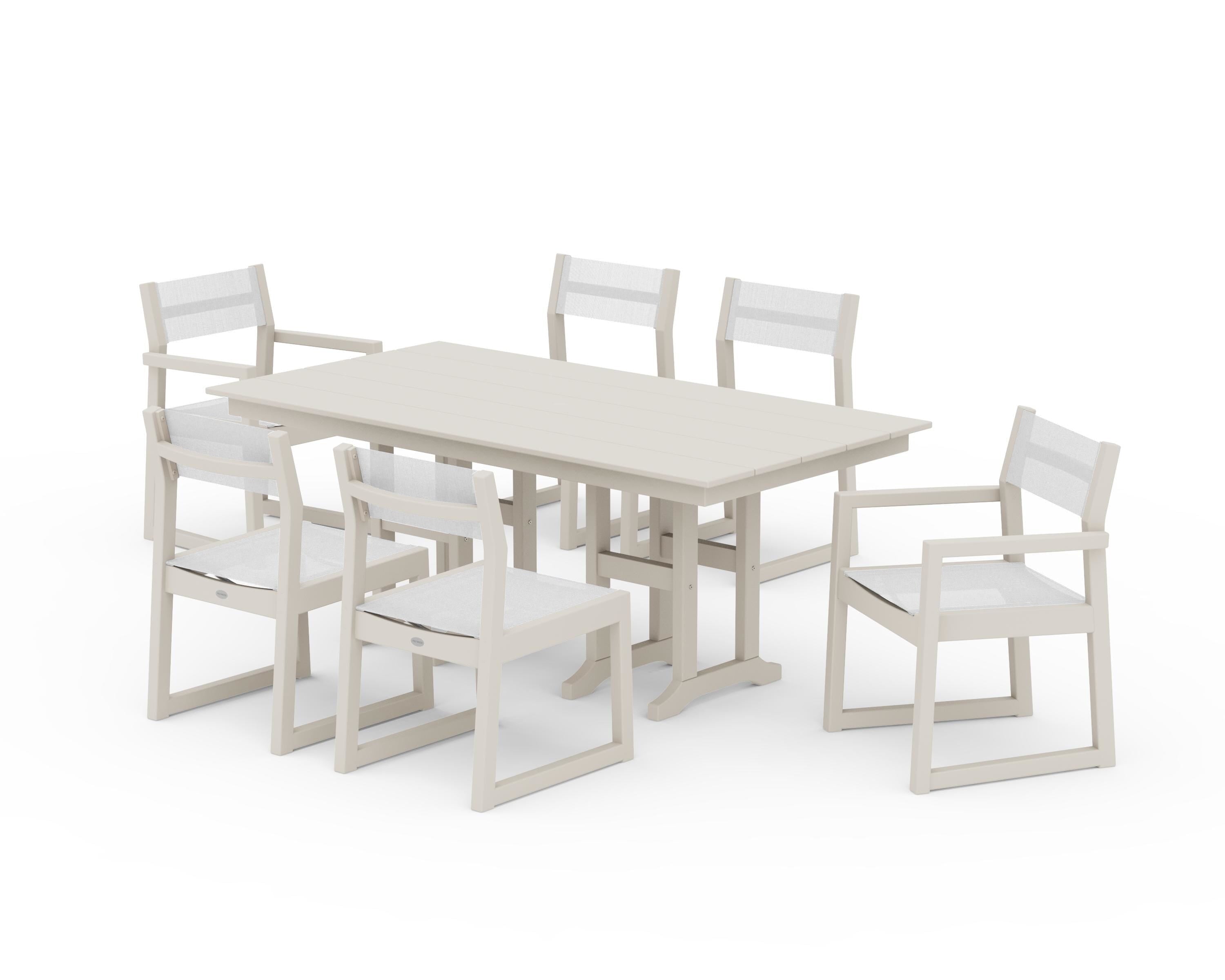 POLYWOOD® EDGE Sling 7-Piece Farmhouse Dining Set in Sand / White Sling