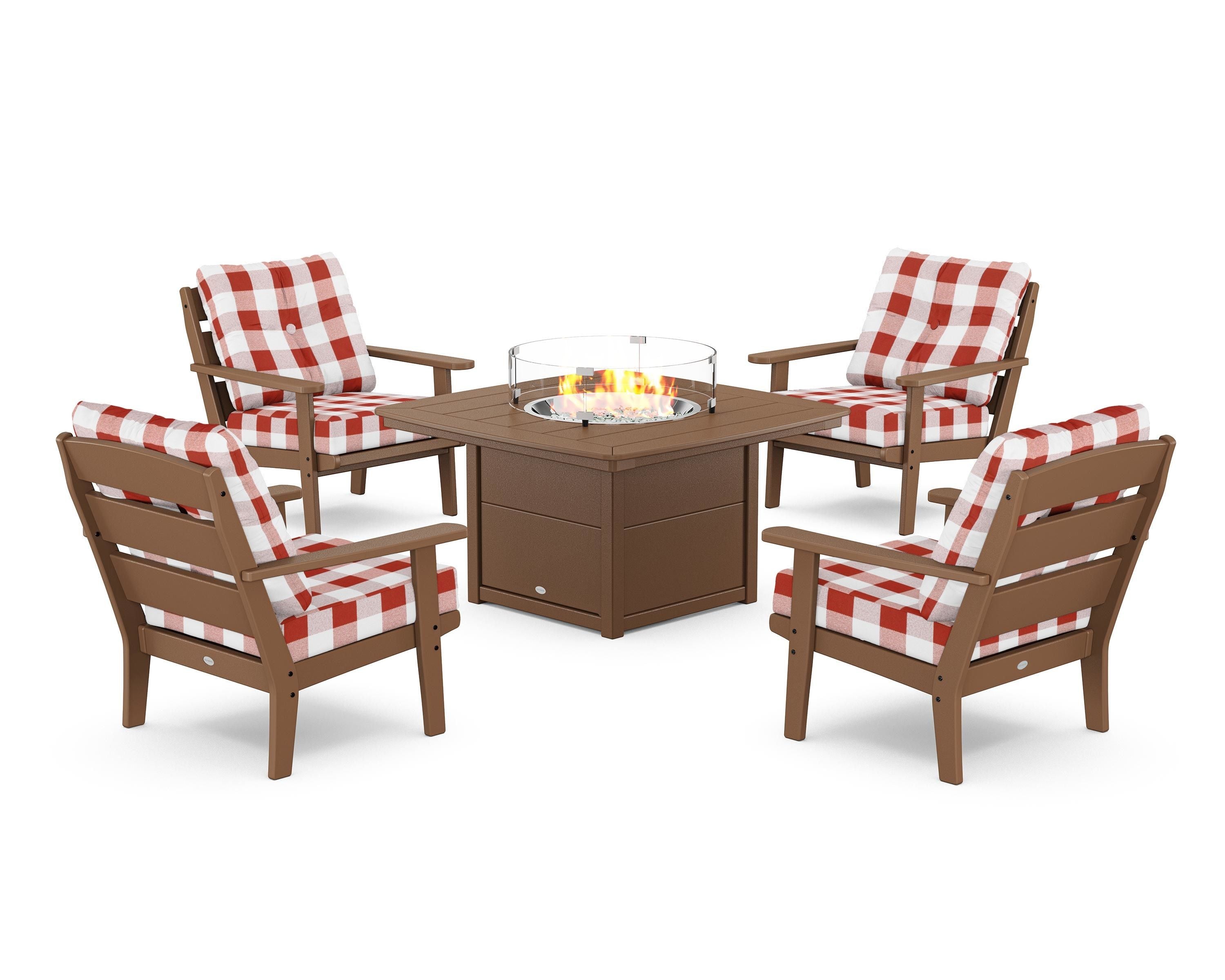 POLYWOOD® Lakeside 5-Piece Deep Seating Set with Nautical Fire Pit Table in Teak / Buffalo Plaid Crimson