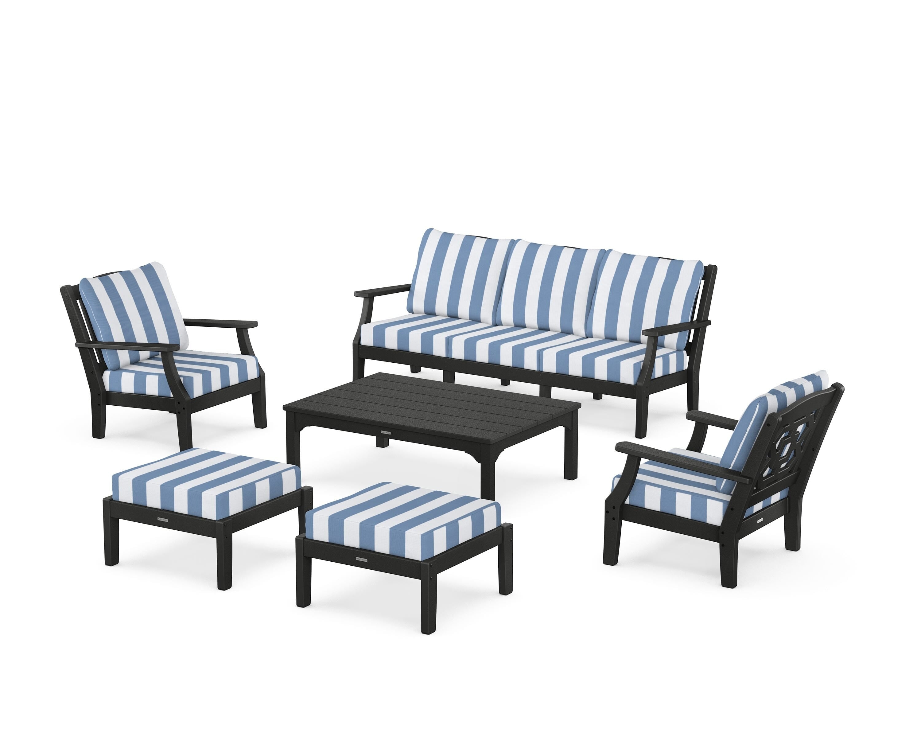 Martha Stewart by POLYWOOD® Chinoiserie 6-Piece Lounge Sofa Set in Black / Cabana Stripe Sky Blue