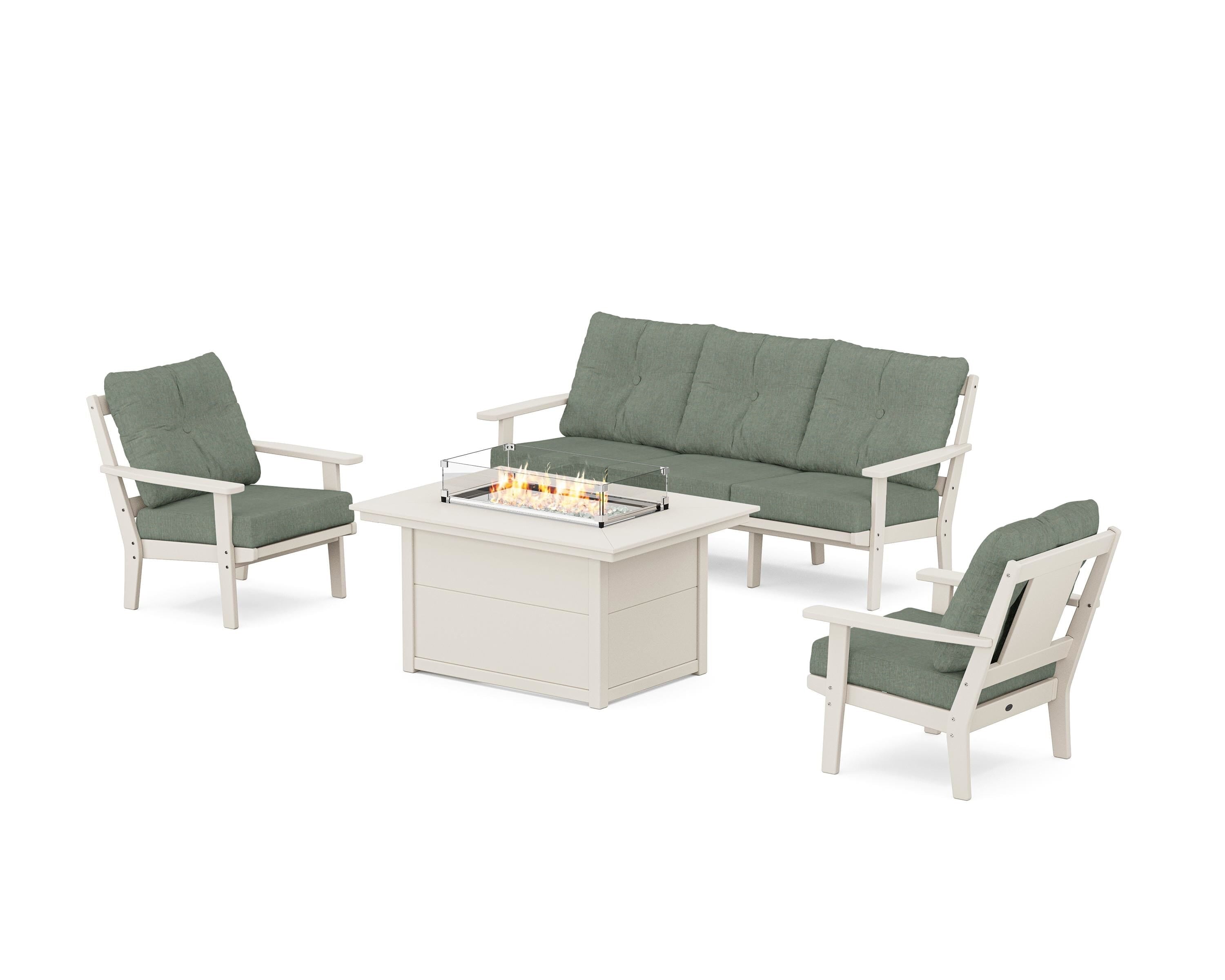 POLYWOOD® Prairie Deep Seating Fire Pit Table Set in Sand / Cast Sage