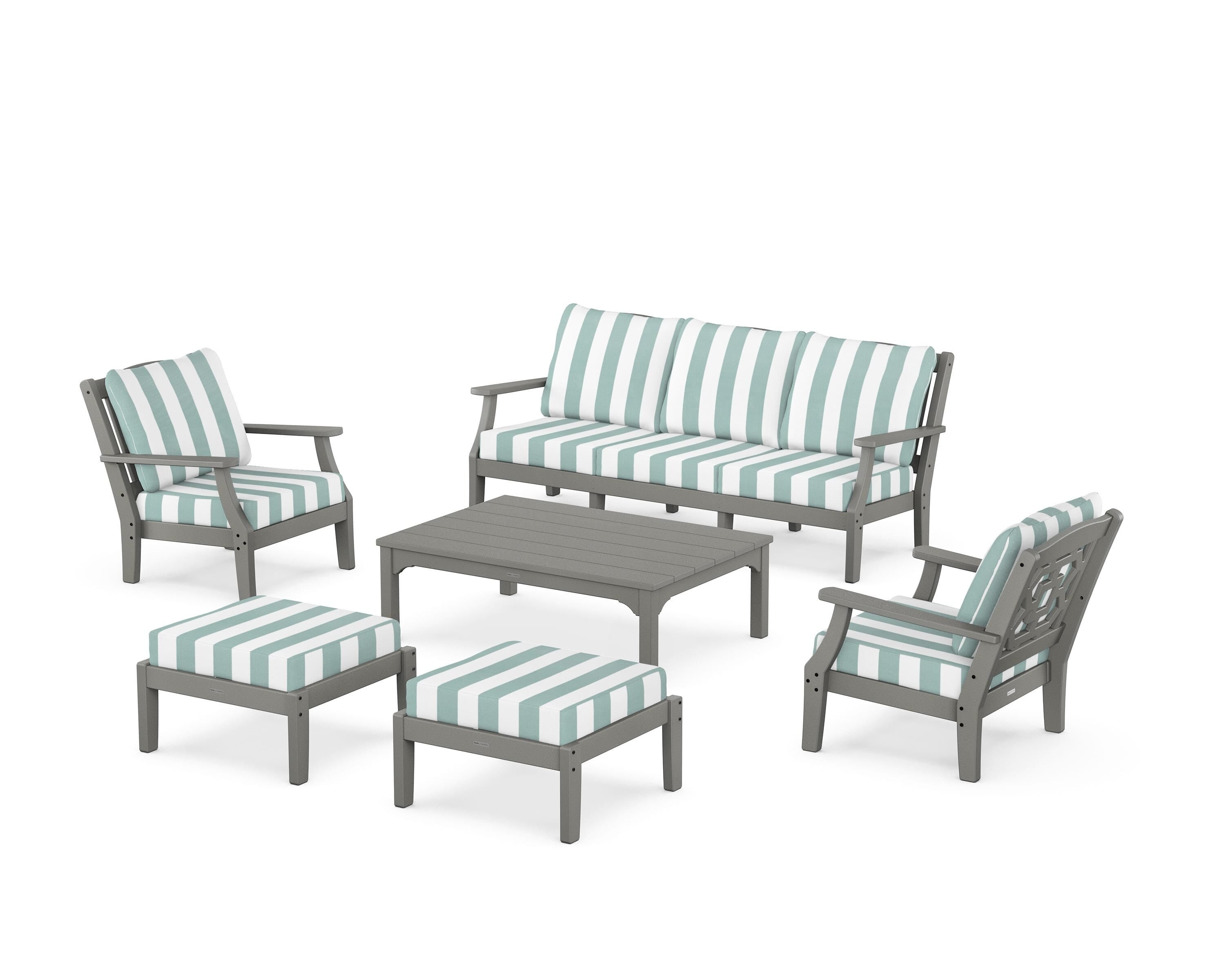 Martha Stewart by POLYWOOD® Chinoiserie 6-Piece Lounge Sofa Set in Slate Grey / Cabana Stripe Glacier Spa