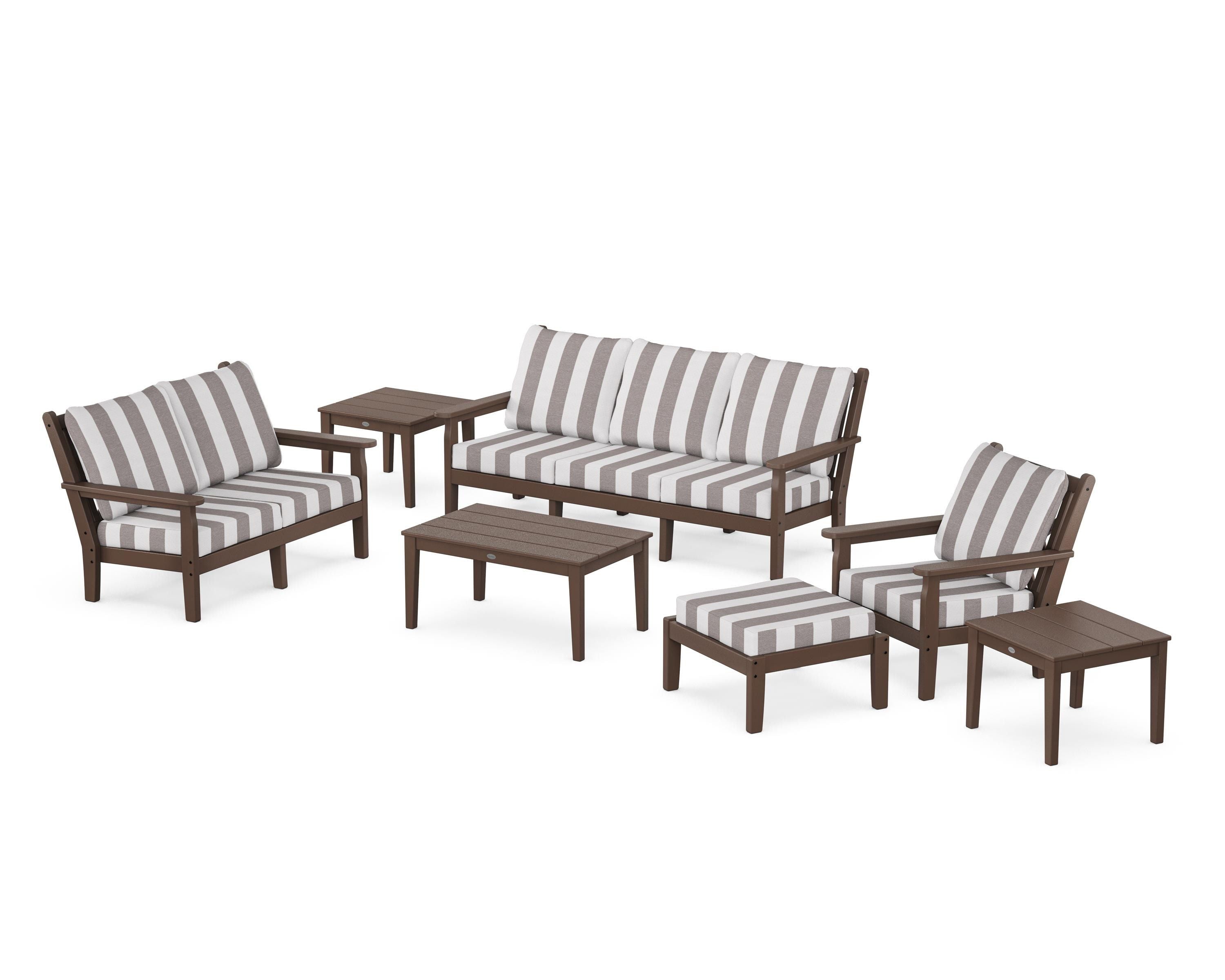 POLYWOOD® Chippendale 7-Piece Deep Seating Set in Mahogany / Cabana Stripe Grey Mist
