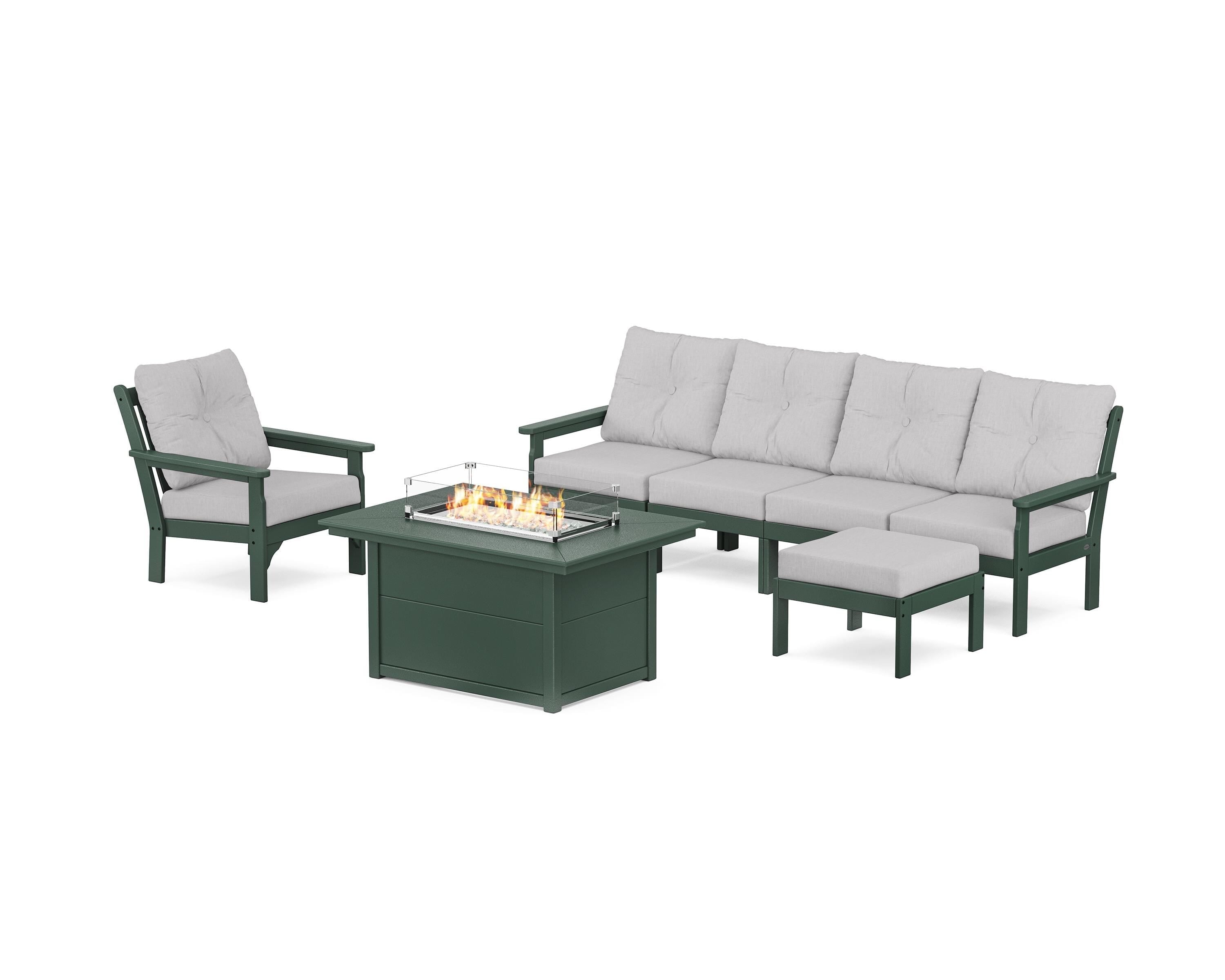 POLYWOOD® Vineyard Sectional Lounge and Fire Pit Set in Green / Granite