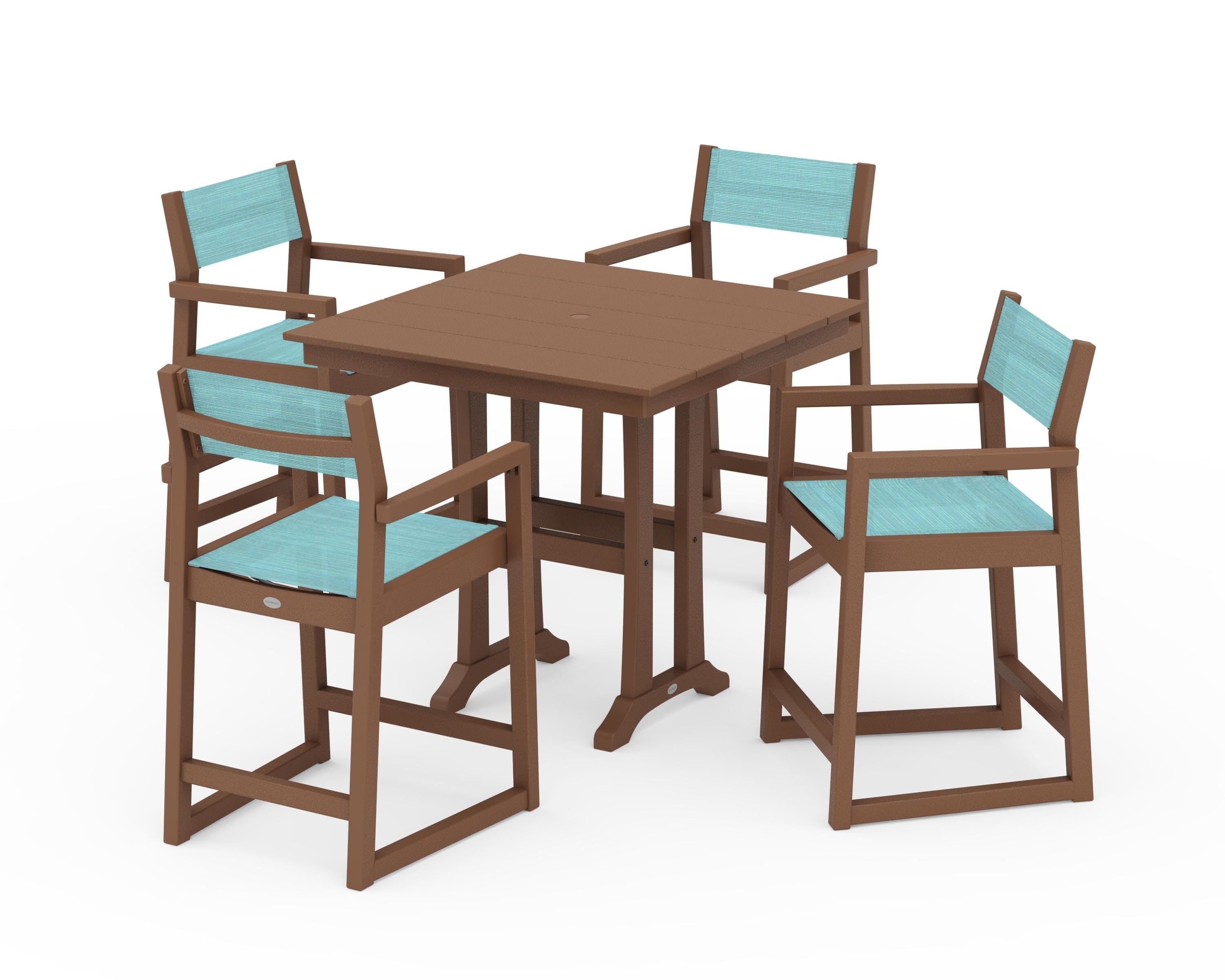 POLYWOOD® EDGE Sling Arm Chair 5-Piece Farmhouse Counter Set with Trestle Legs in Teak / Dupioni Aquamarine Sling