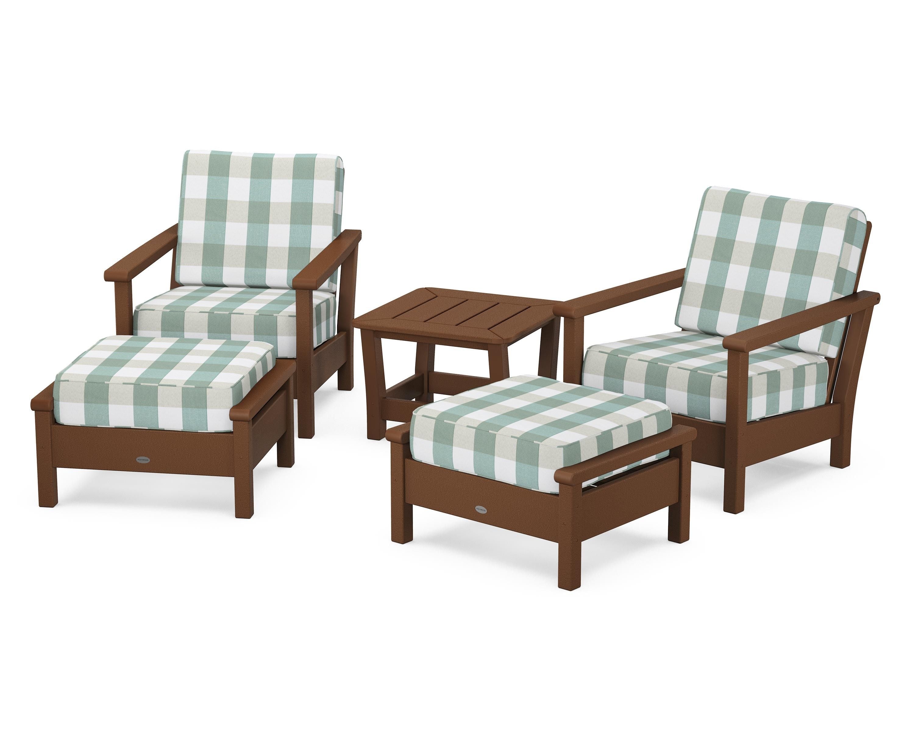 POLYWOOD® Harbour 5-Piece Deep Seating Chair Set in Teak / Buffalo Plaid Glacier Spa