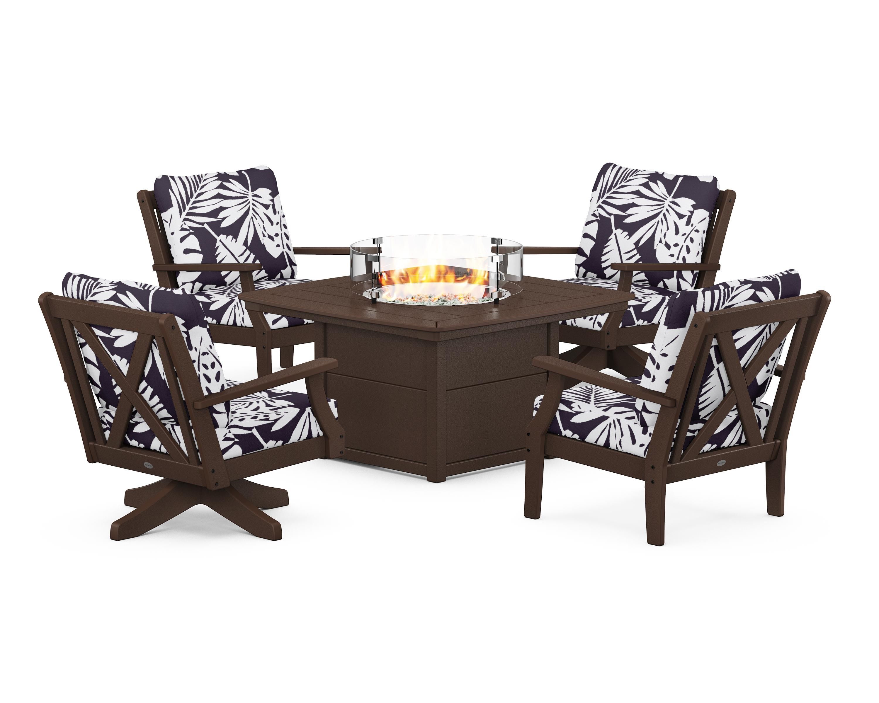 POLYWOOD® Braxton 5-Piece Deep Seating Set with Fire Table in Mahogany / Leaf Navy