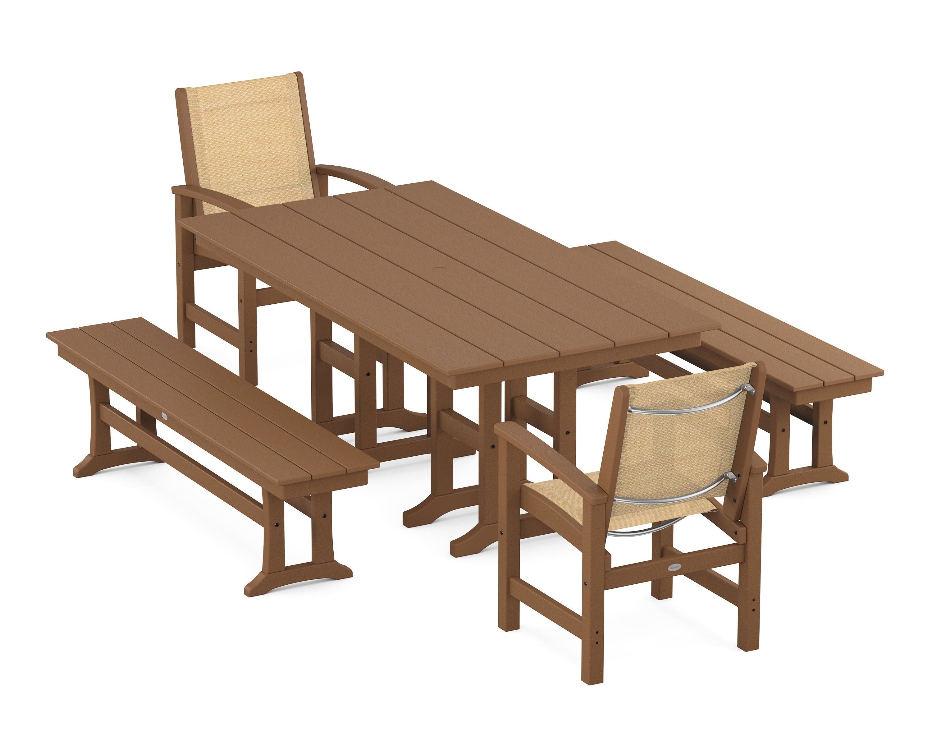 POLYWOOD® Coastal 5-Piece Farmhouse Dining Set in Teak / Dupioni Apricot Sling