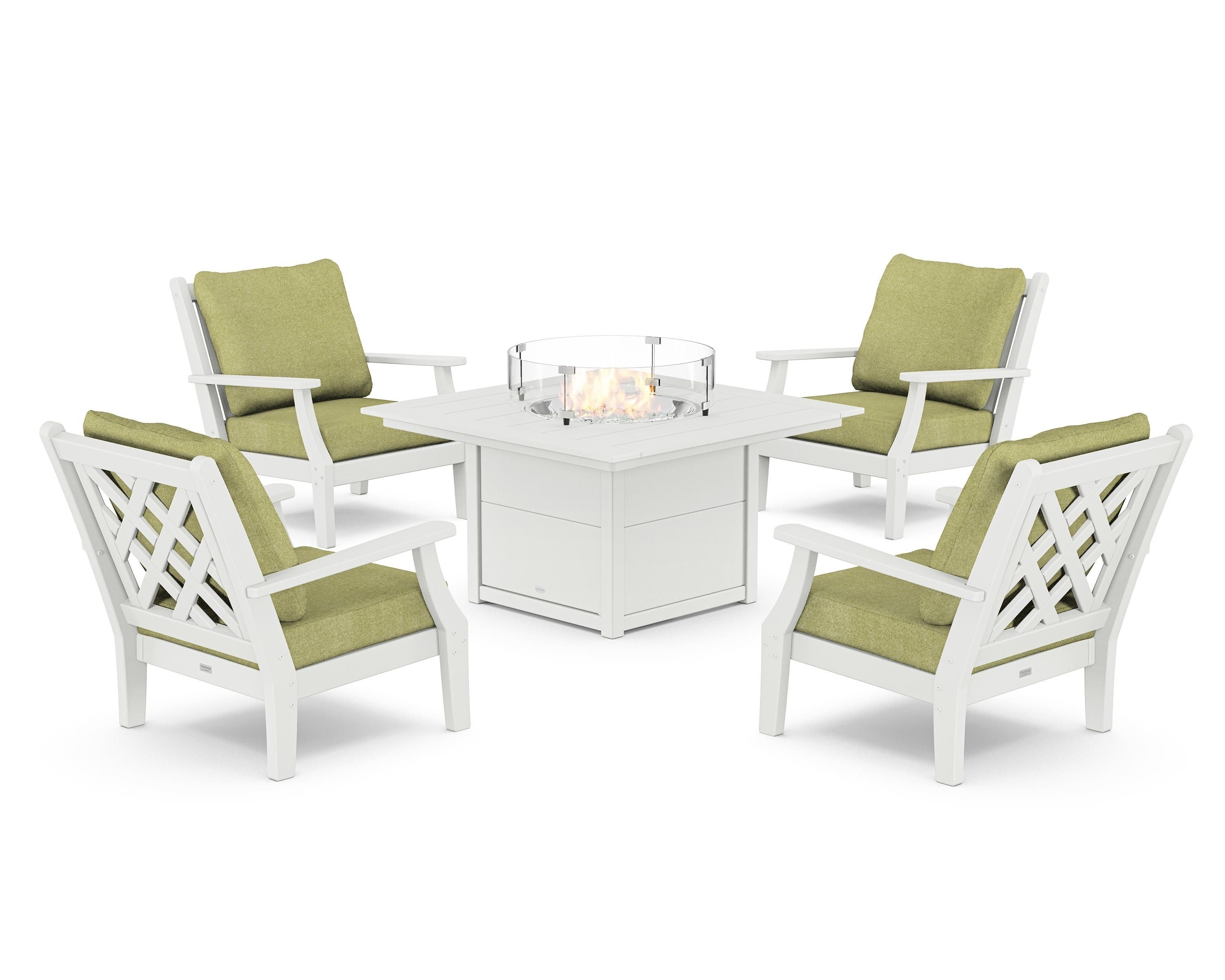 Country Living Wovendale 5-Piece Deep Seating Set with Fire Pit Table in White / Chartreuse Boucle