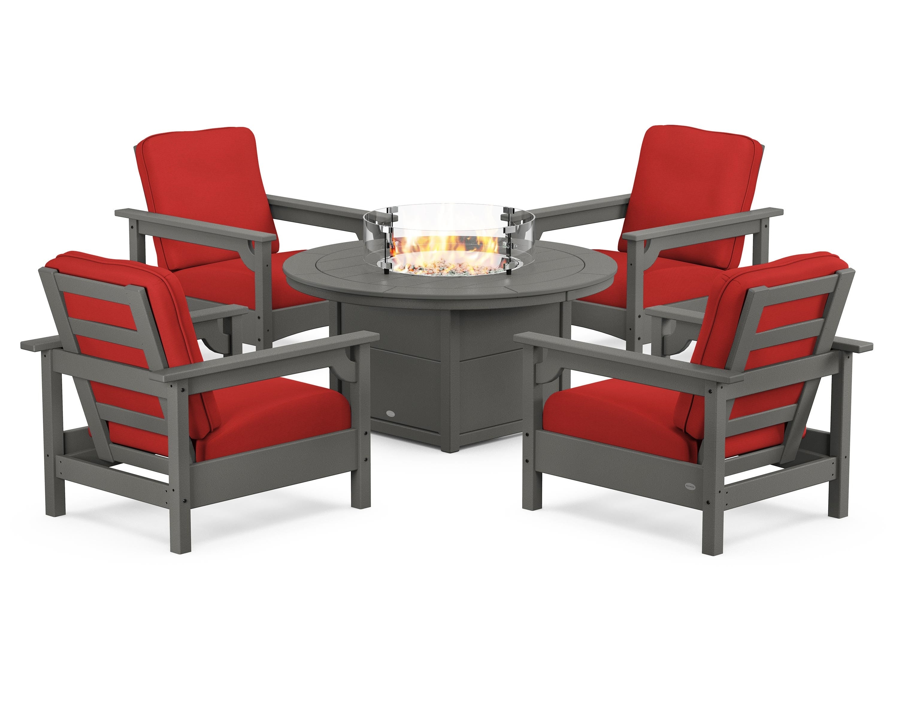 POLYWOOD® Club 5-Piece Conversation Set with Fire Pit Table in Slate Grey / Crimson Linen