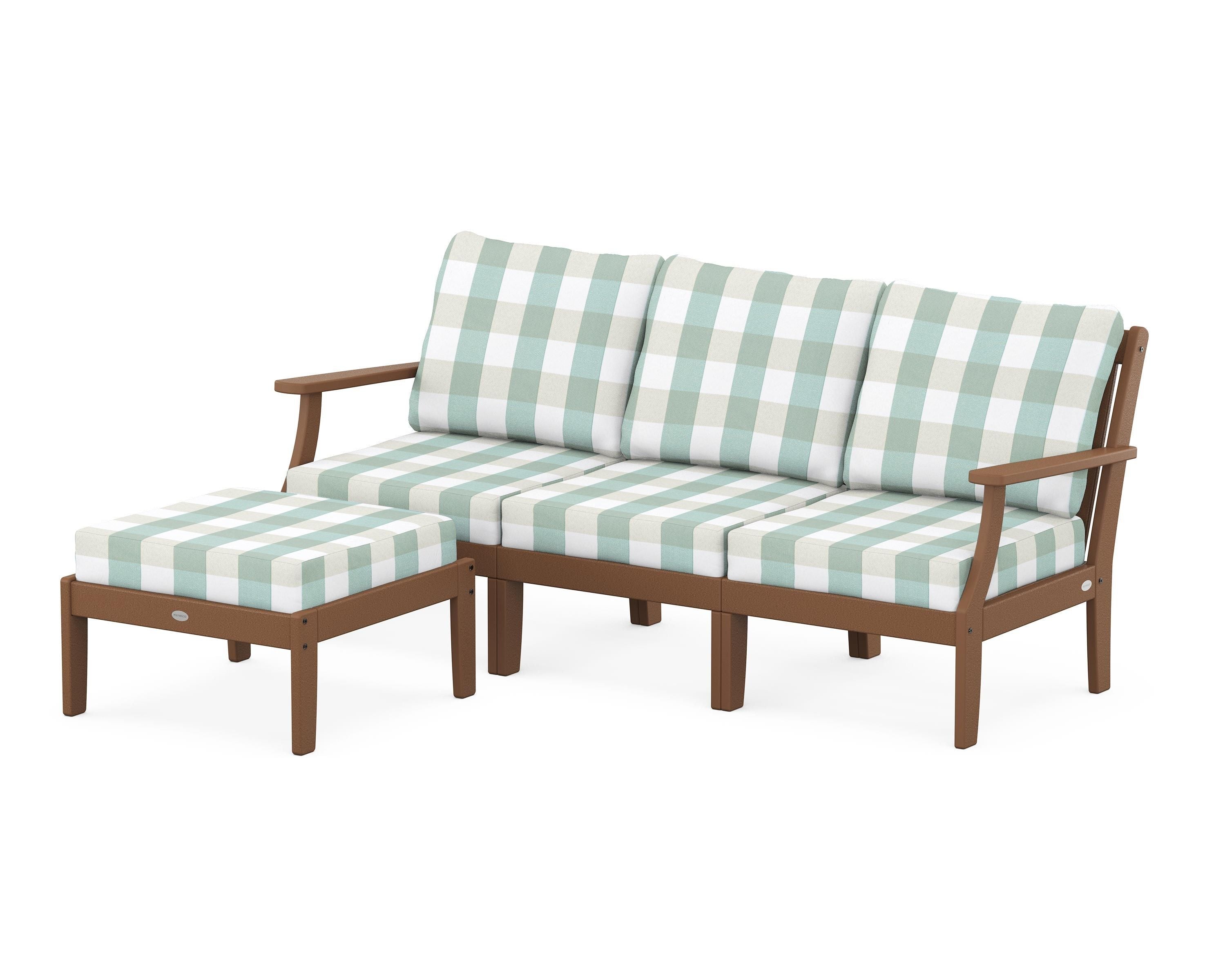 POLYWOOD® Braxton Modular 4-Piece Deep Seating Set with Ottoman in Teak / Buffalo Plaid Glacier Spa