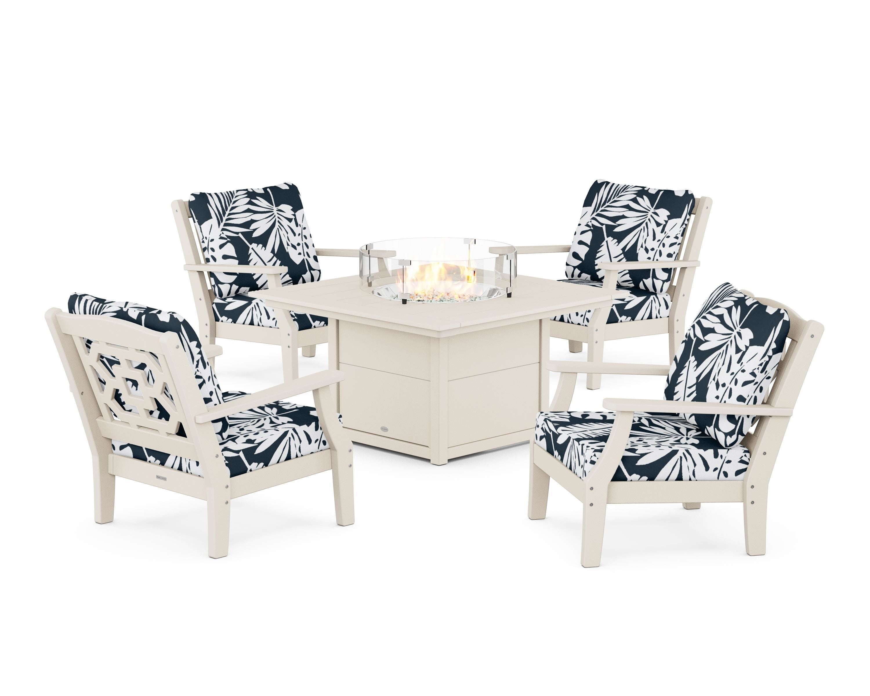 Martha Stewart by POLYWOOD® Chinoiserie 5-Piece Deep Seating Set with Fire Pit Table in Sand / Leaf Marine Indigo