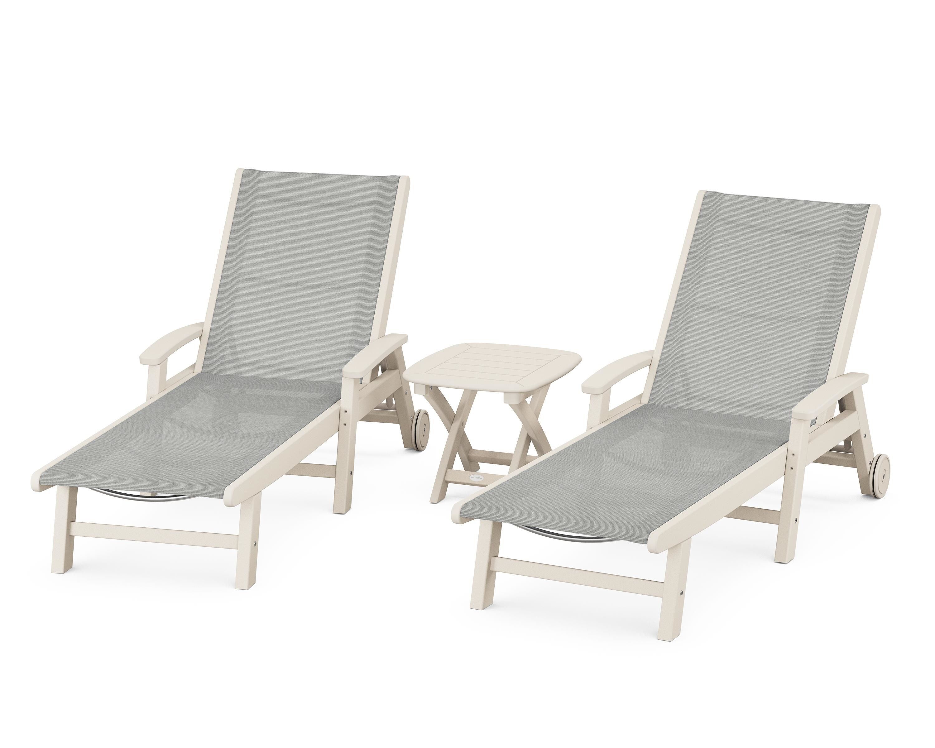 POLYWOOD® Coastal 3-Piece Wheeled Chaise Set in Sand / Metallic Sling