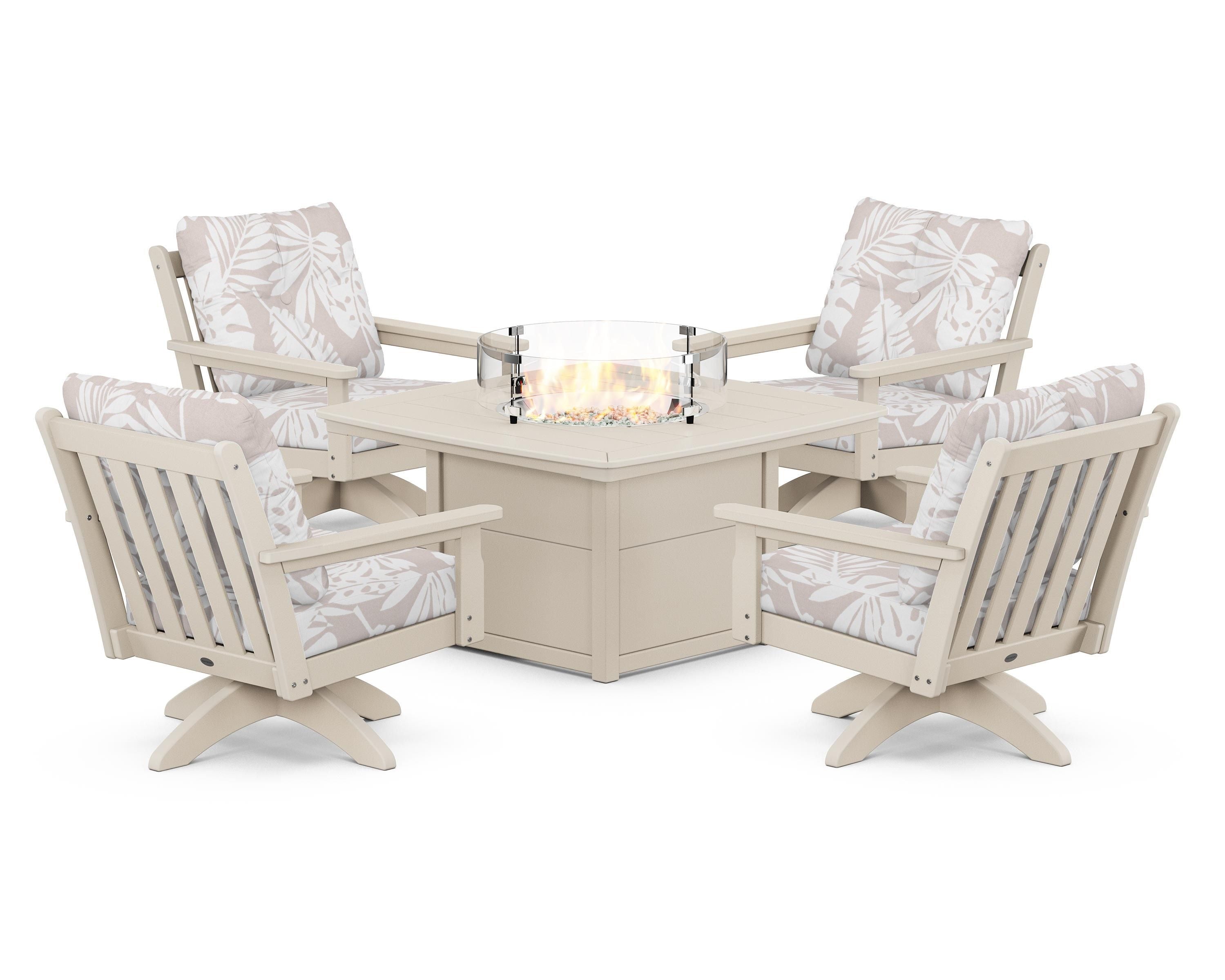 POLYWOOD® Vineyard 5-Piece Deep Seating Swivel Conversation Set with Fire Pit Table in Sand / Leaf Dune Burlap