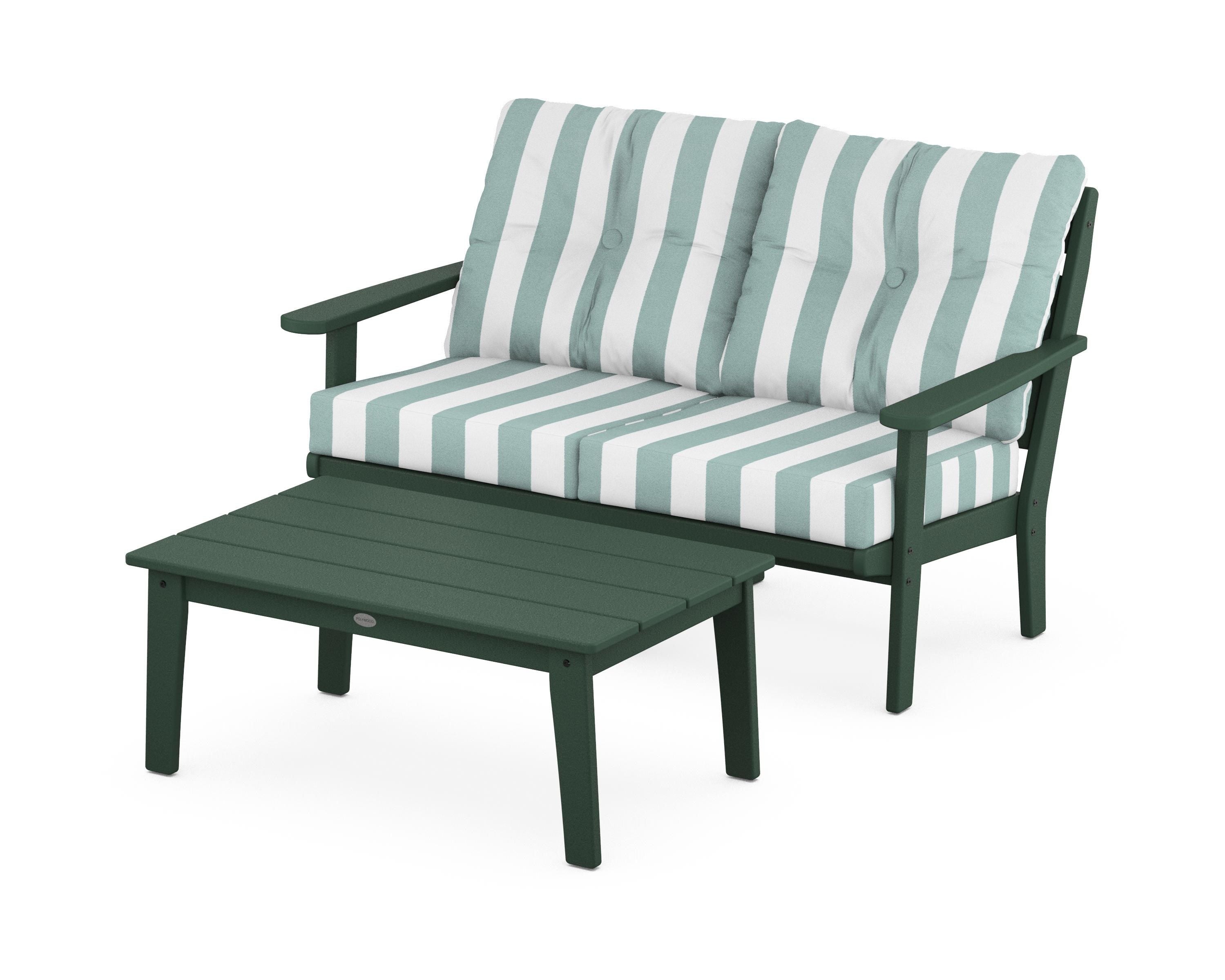 POLYWOOD® Lakeside 2-Piece Lounge Loveseat Set in Green / Cabana Stripe Glacier Spa