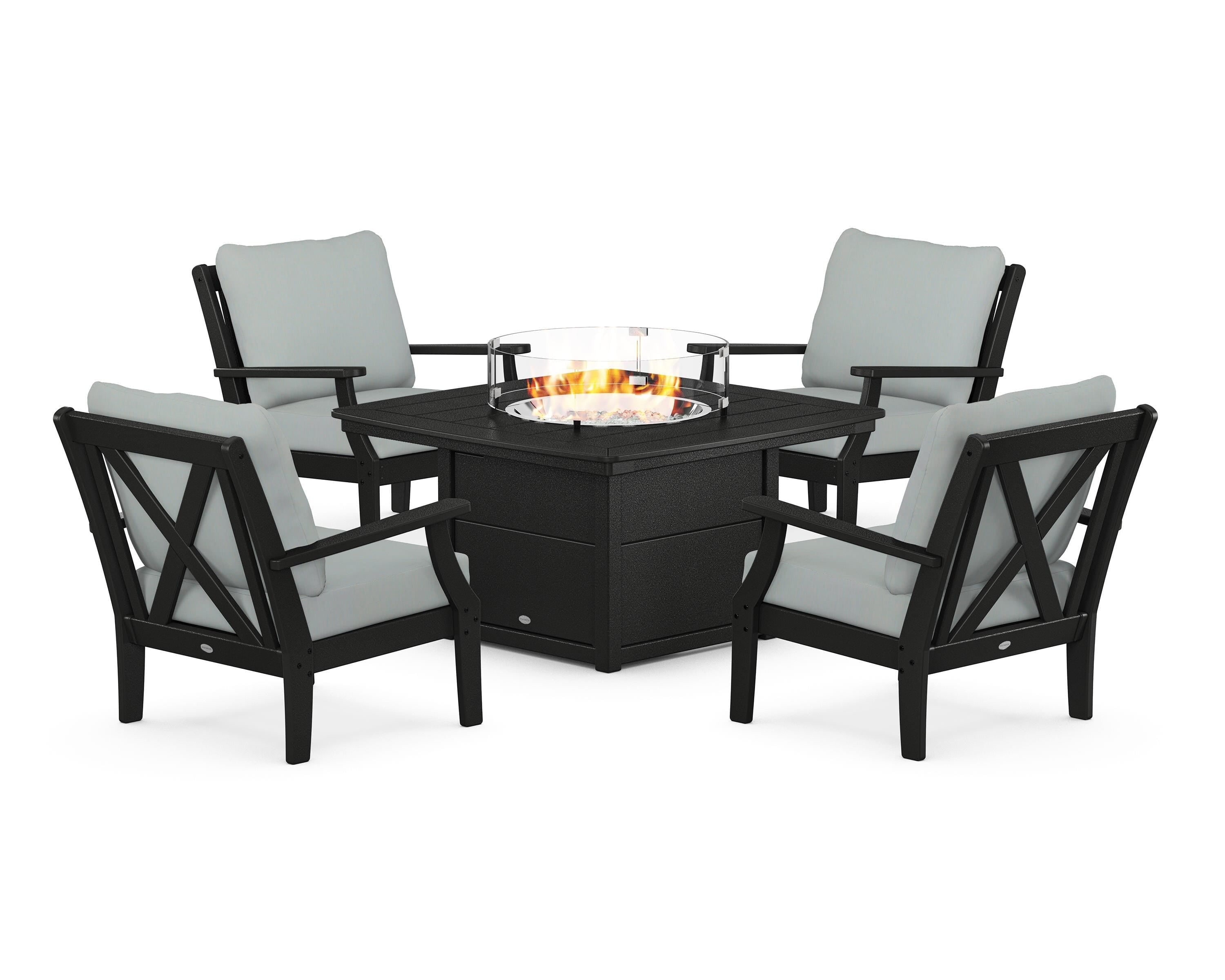 POLYWOOD® Braxton 5-Piece Deep Seating Conversation Set with Fire Pit Table in Black / Spa