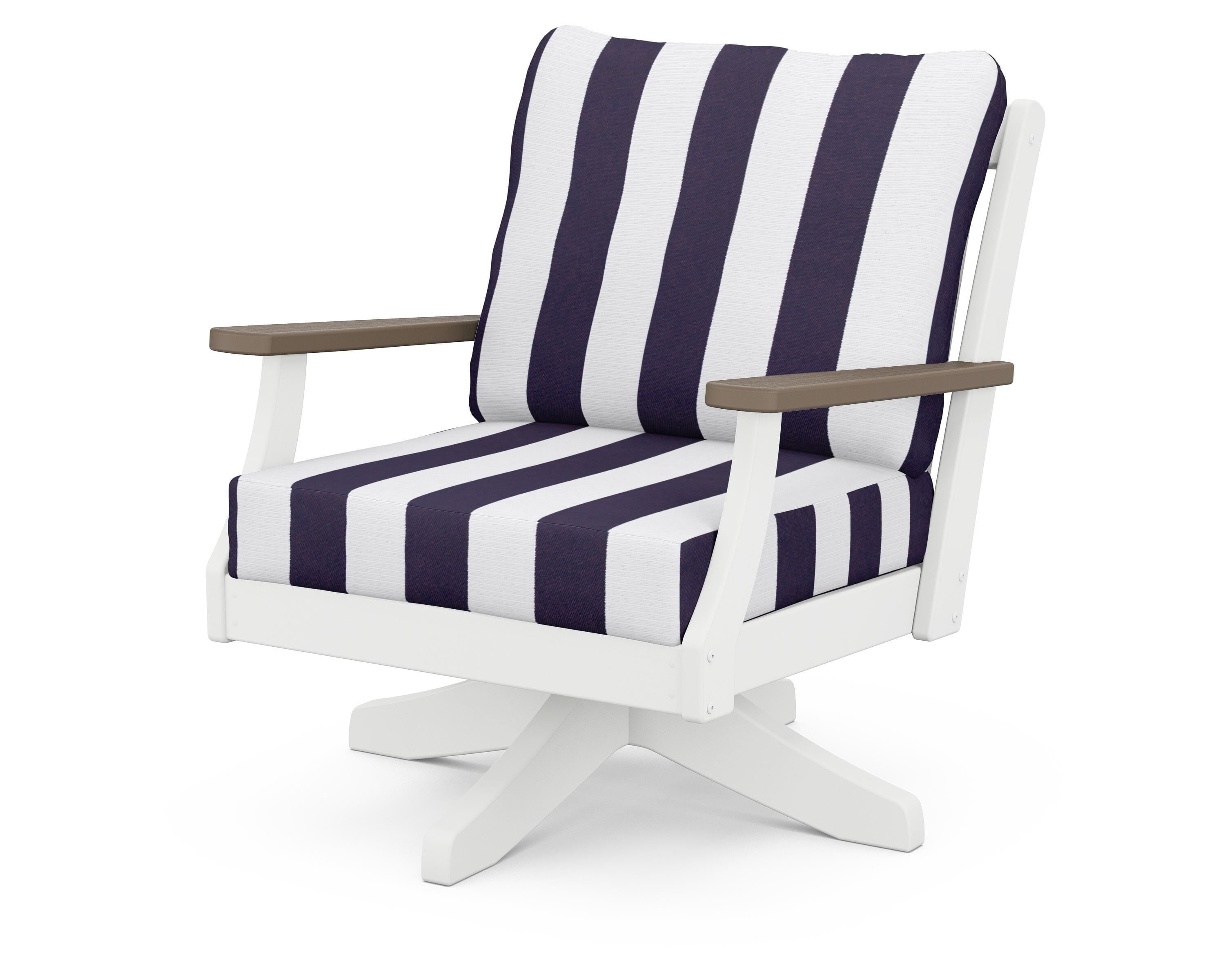 POLYWOOD® Braxton Deep Seating Swivel Chair in White / Kona / Cabana Stripe Navy