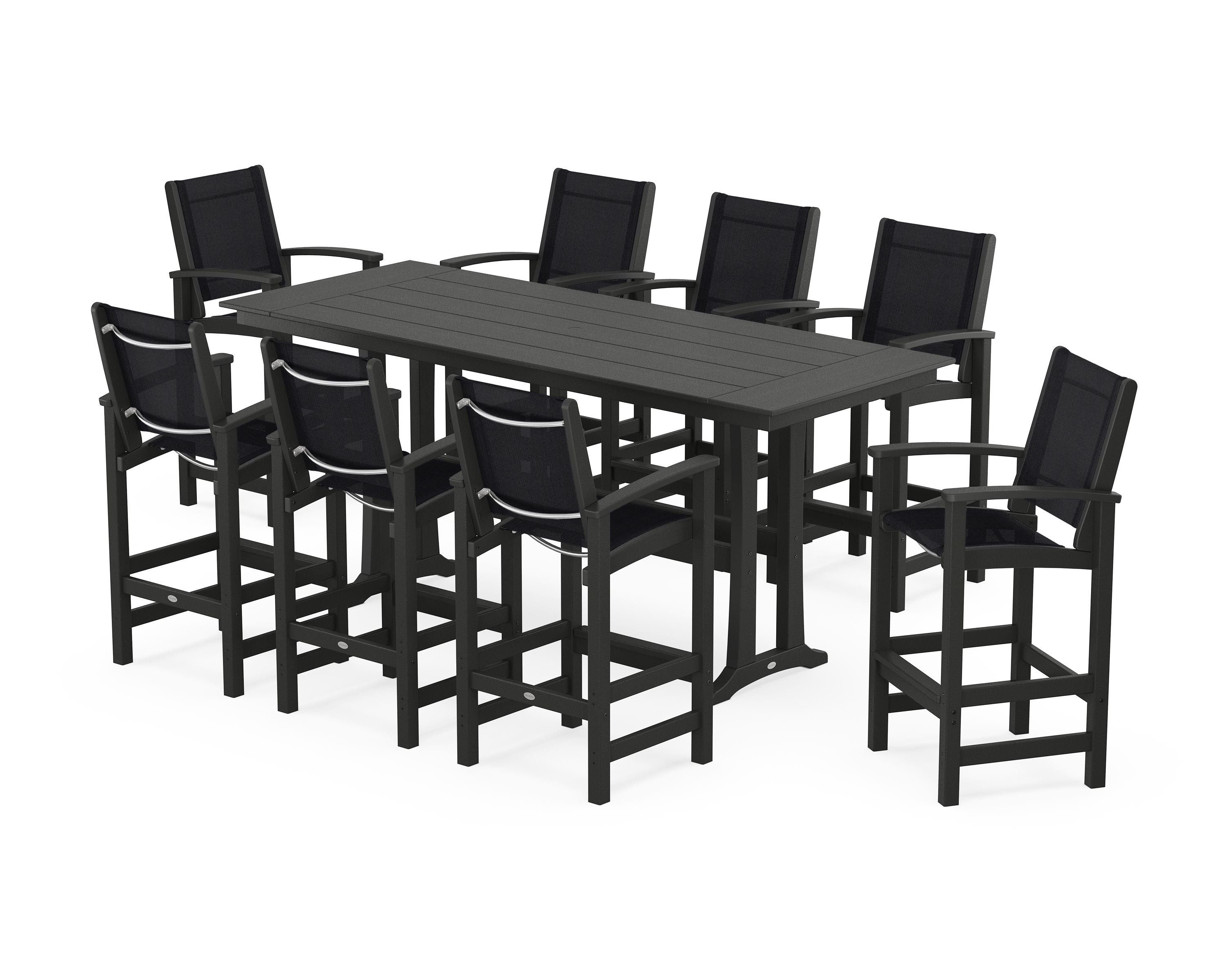 POLYWOOD® Coastal 9-Piece Farmhouse Bar Set with Trestle Legs in Black / Black Sling