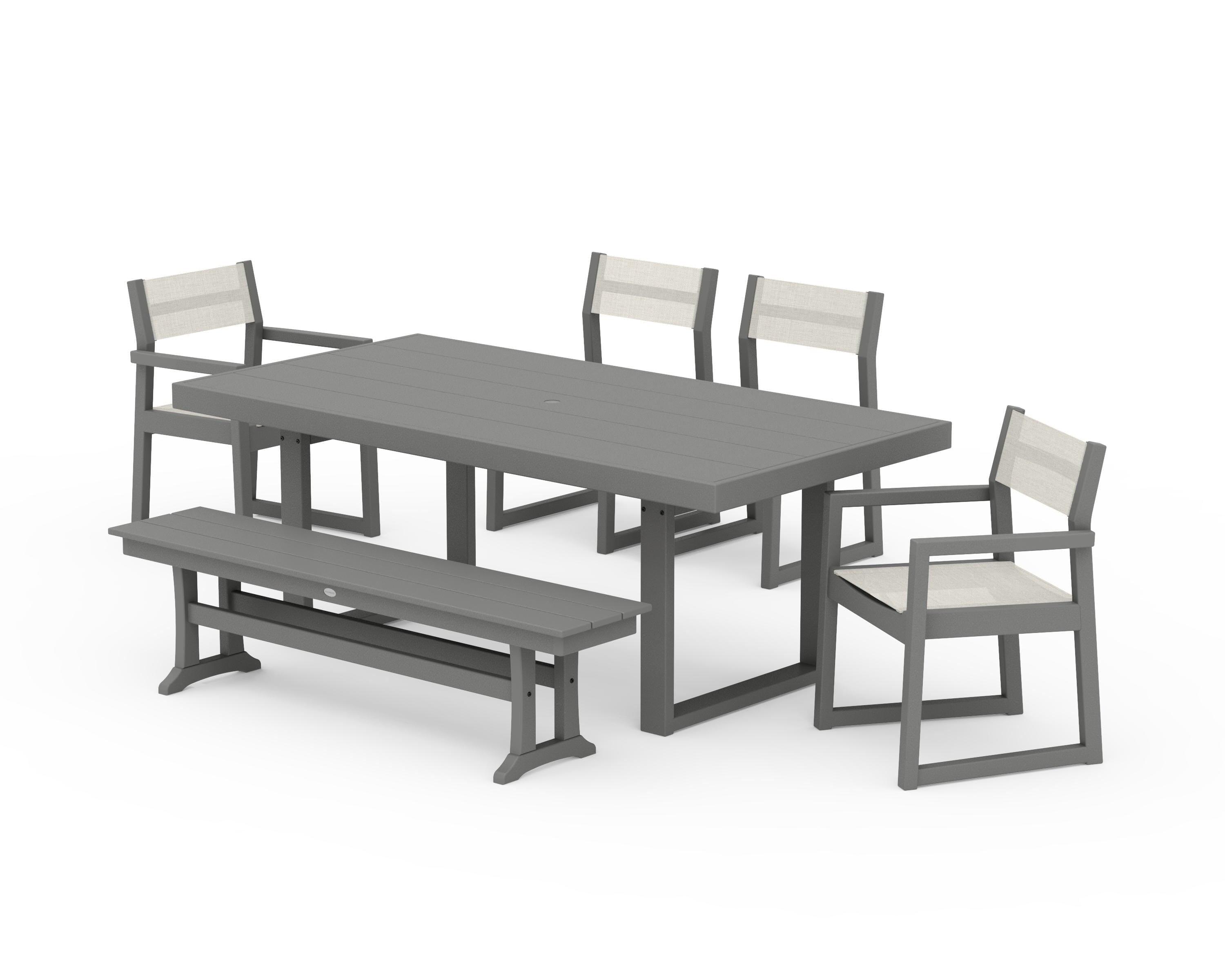 POLYWOOD® EDGE Sling 6-Piece Dining Set with Bench in Slate Grey / Parchment Sling
