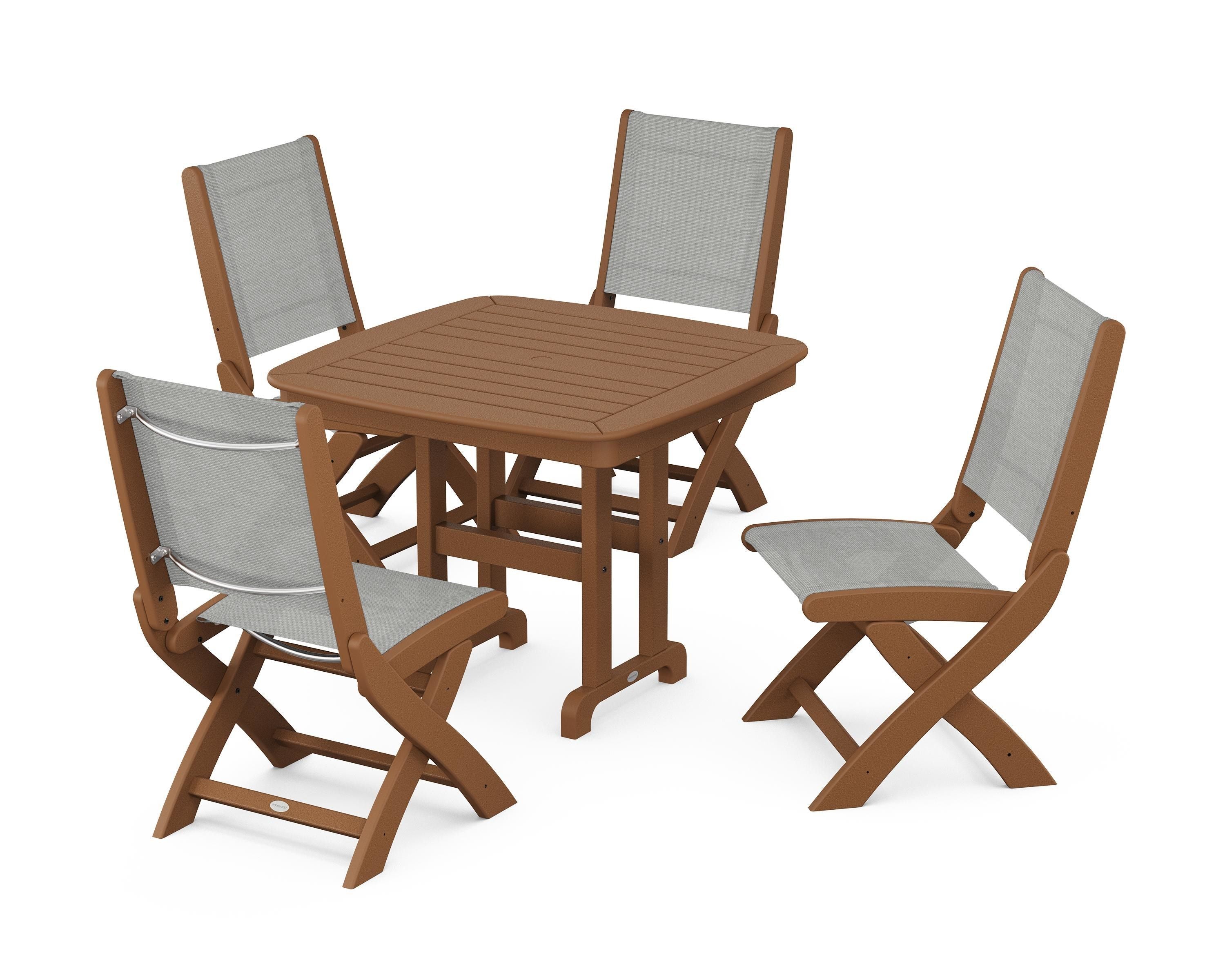 POLYWOOD® Coastal Folding Side Chair 5-Piece Dining Set in Teak / Metallic Sling