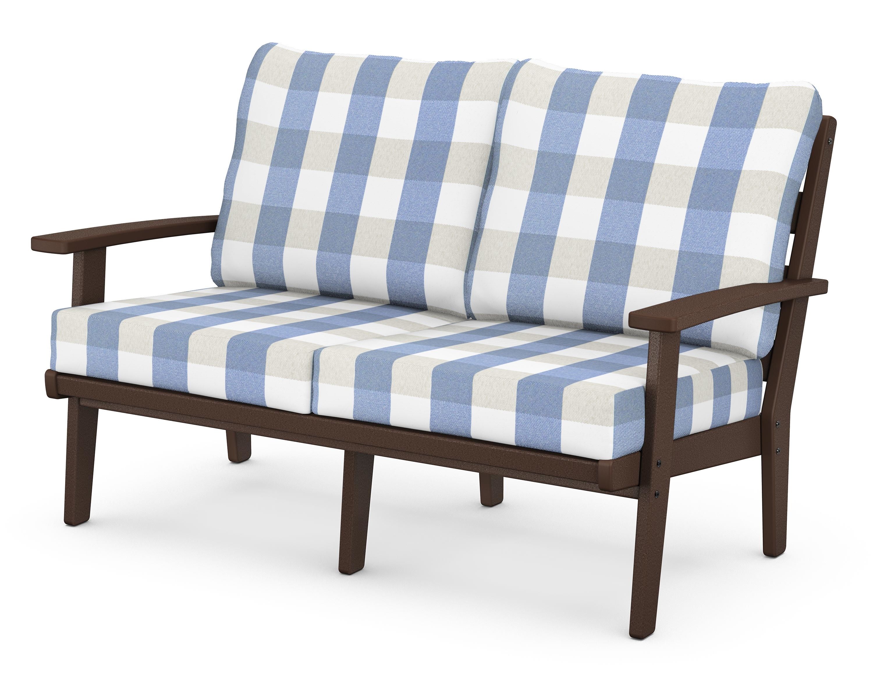 POLYWOOD® Grant Park Deep Seating Loveseat in Mahogany / Buffalo Plaid Sky Blue