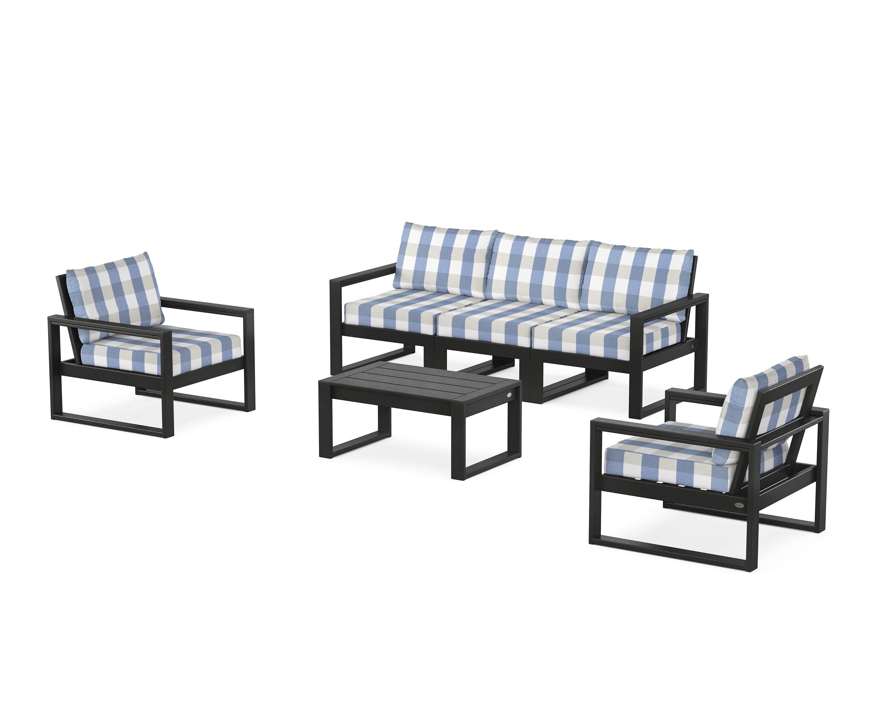POLYWOOD® EDGE Sectional 4-Piece Deep Seating Set with Sofa in Black / Buffalo Plaid Sky Blue
