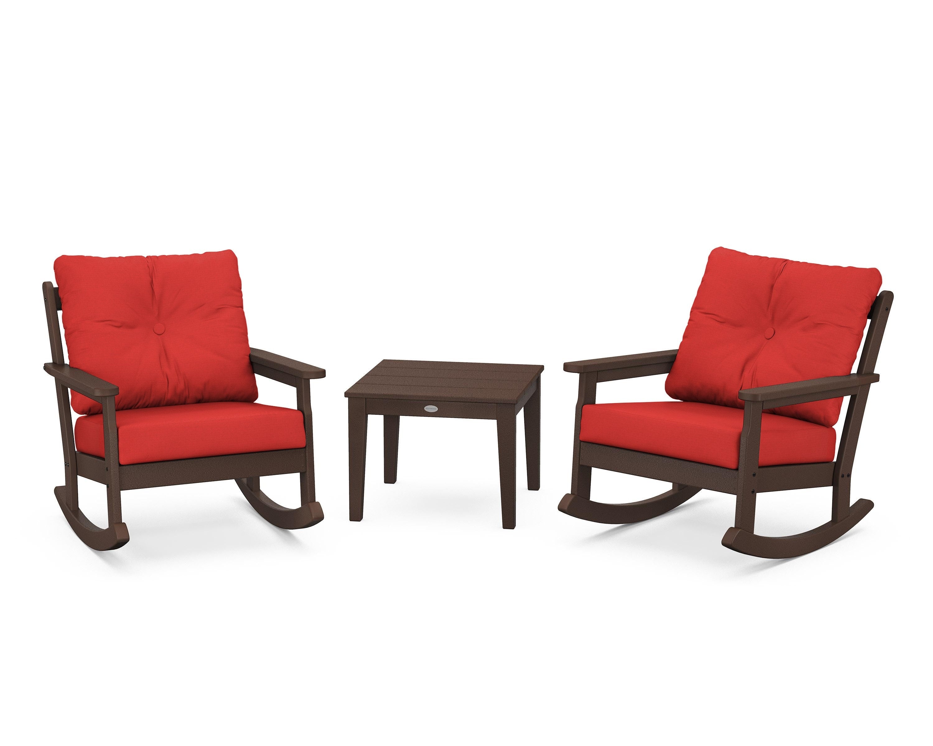 POLYWOOD® Vineyard 3-Piece Deep Seating Rocker Set in Mahogany / Crimson Linen