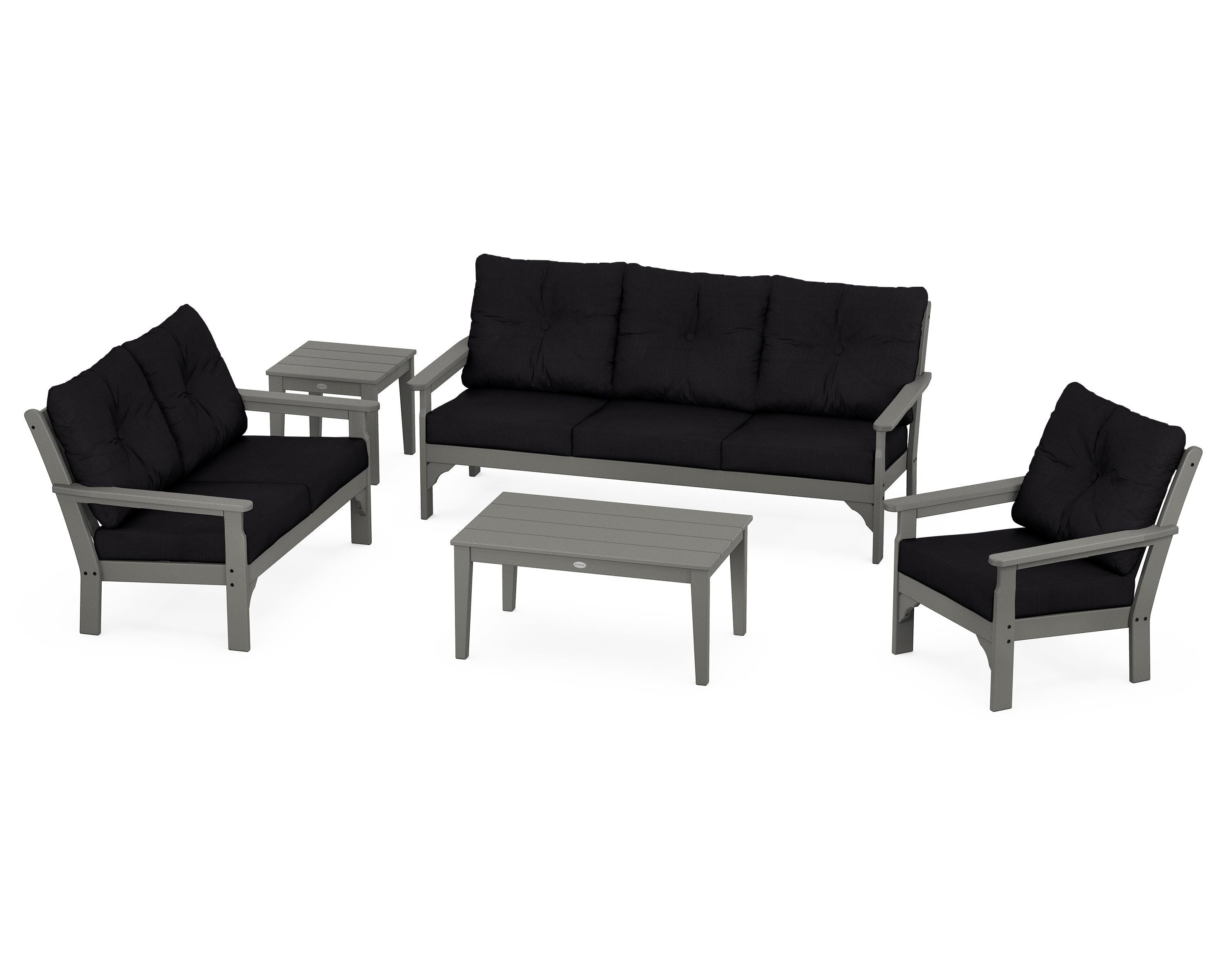 POLYWOOD® Vineyard 5 Piece Deep Seating Set in Slate Grey / Midnight Linen