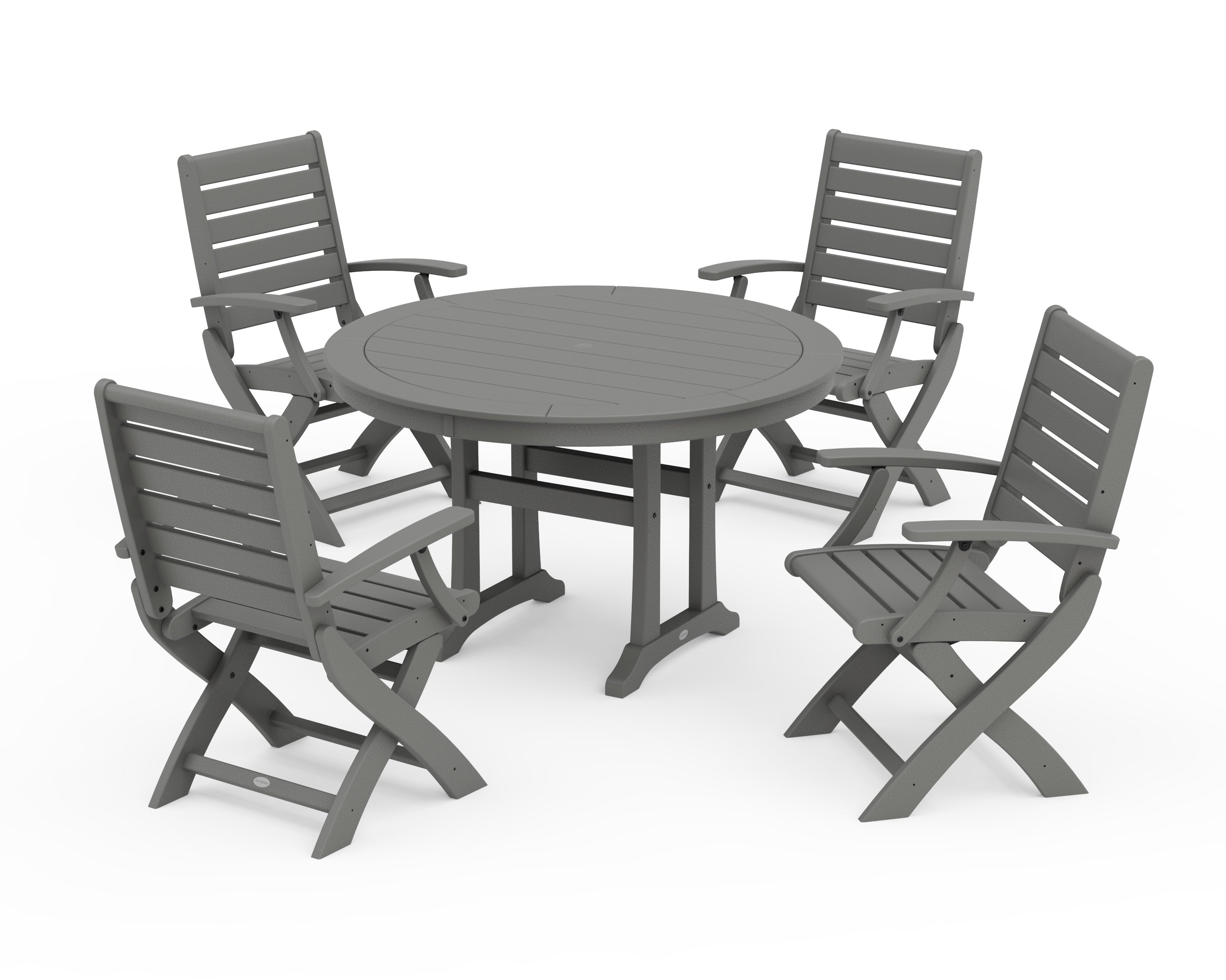 POLYWOOD® Signature Folding Chair 5-Piece Round Dining Set with Trestle Legs in Slate Grey