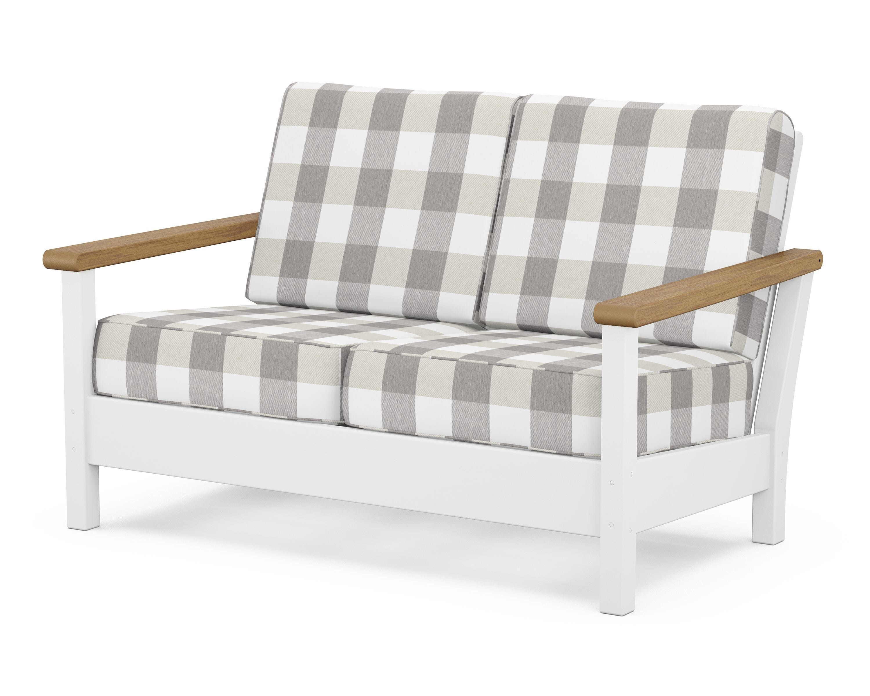 POLYWOOD® Harbour Deep Seating Loveseat in White / Natural / Buffalo Plaid Grey Mist