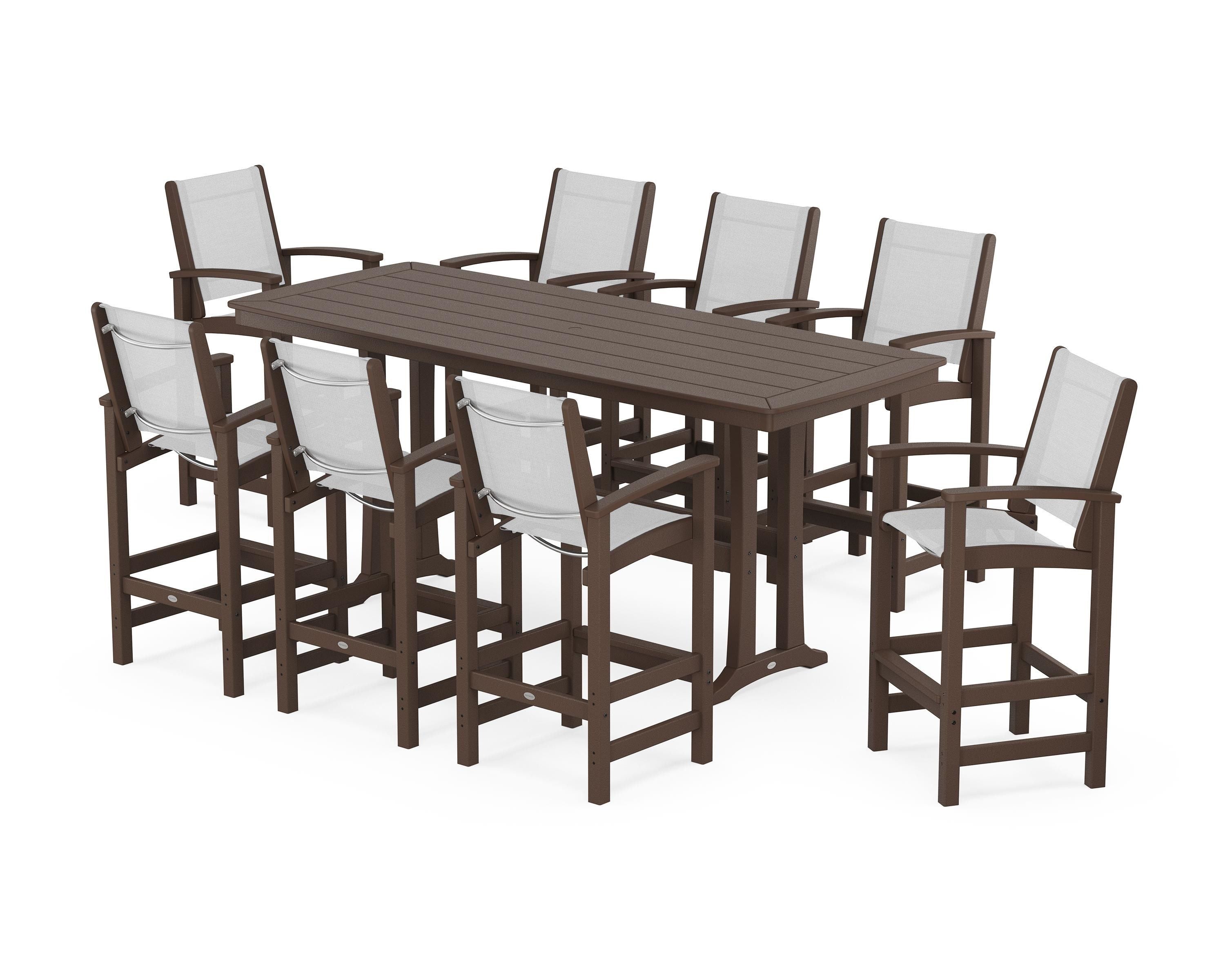 POLYWOOD® Coastal 9-Piece Bar Set with Trestle Legs in Mahogany / White Sling