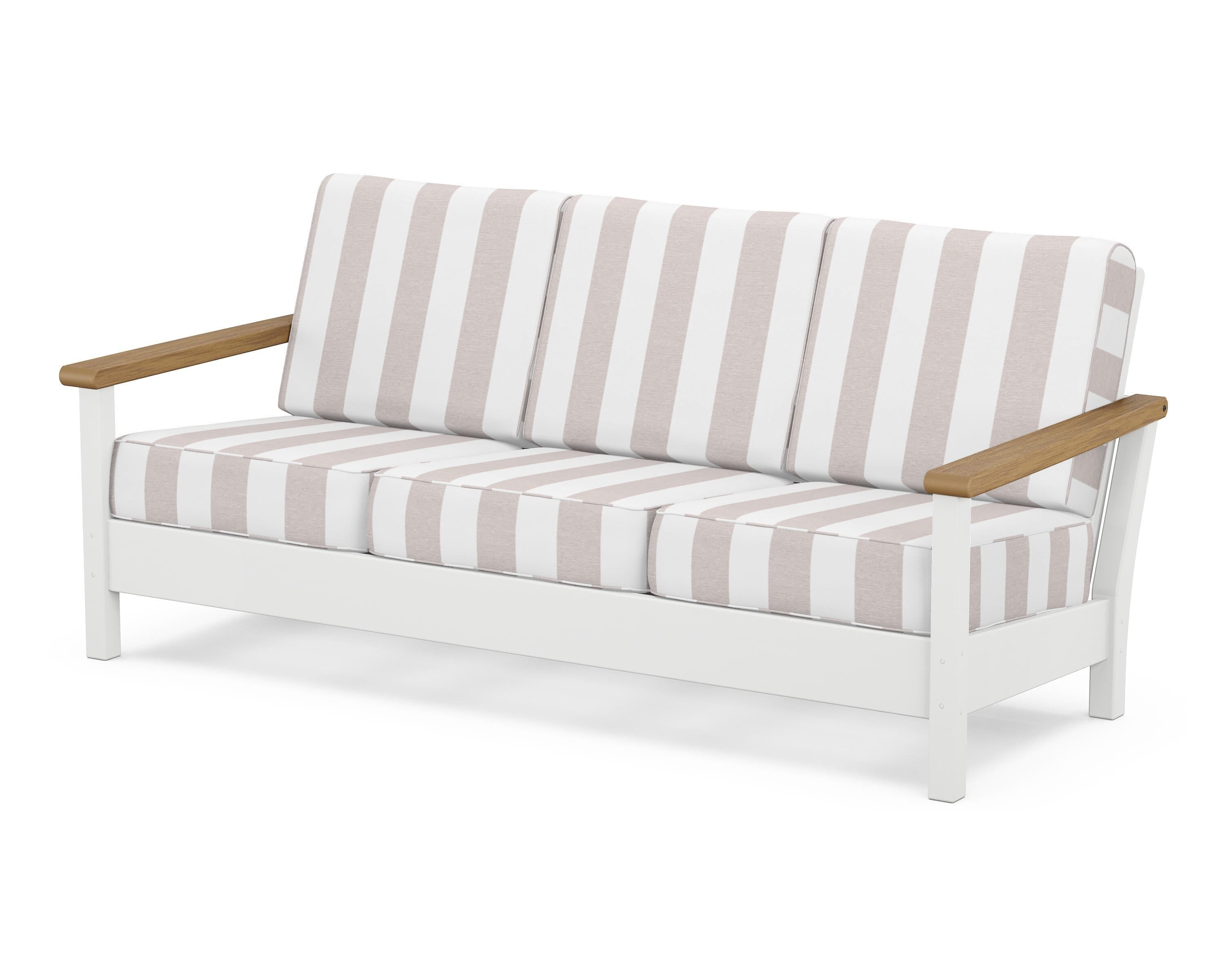 POLYWOOD® Harbour Deep Seating Sofa in White / Natural / Cabana Stripe Dune Burlap