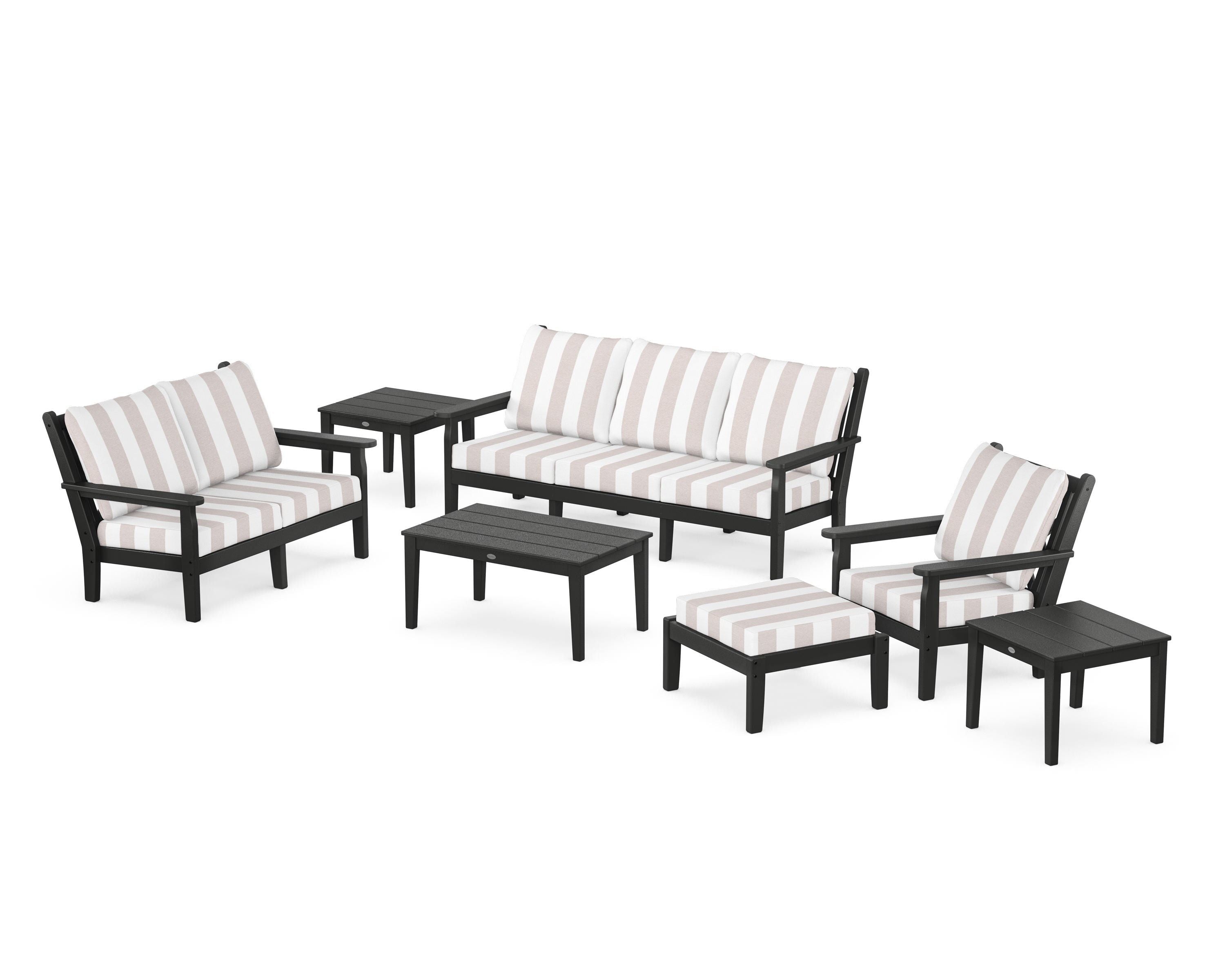 POLYWOOD® Chippendale 7-Piece Deep Seating Set in Black / Cabana Stripe Dune Burlap