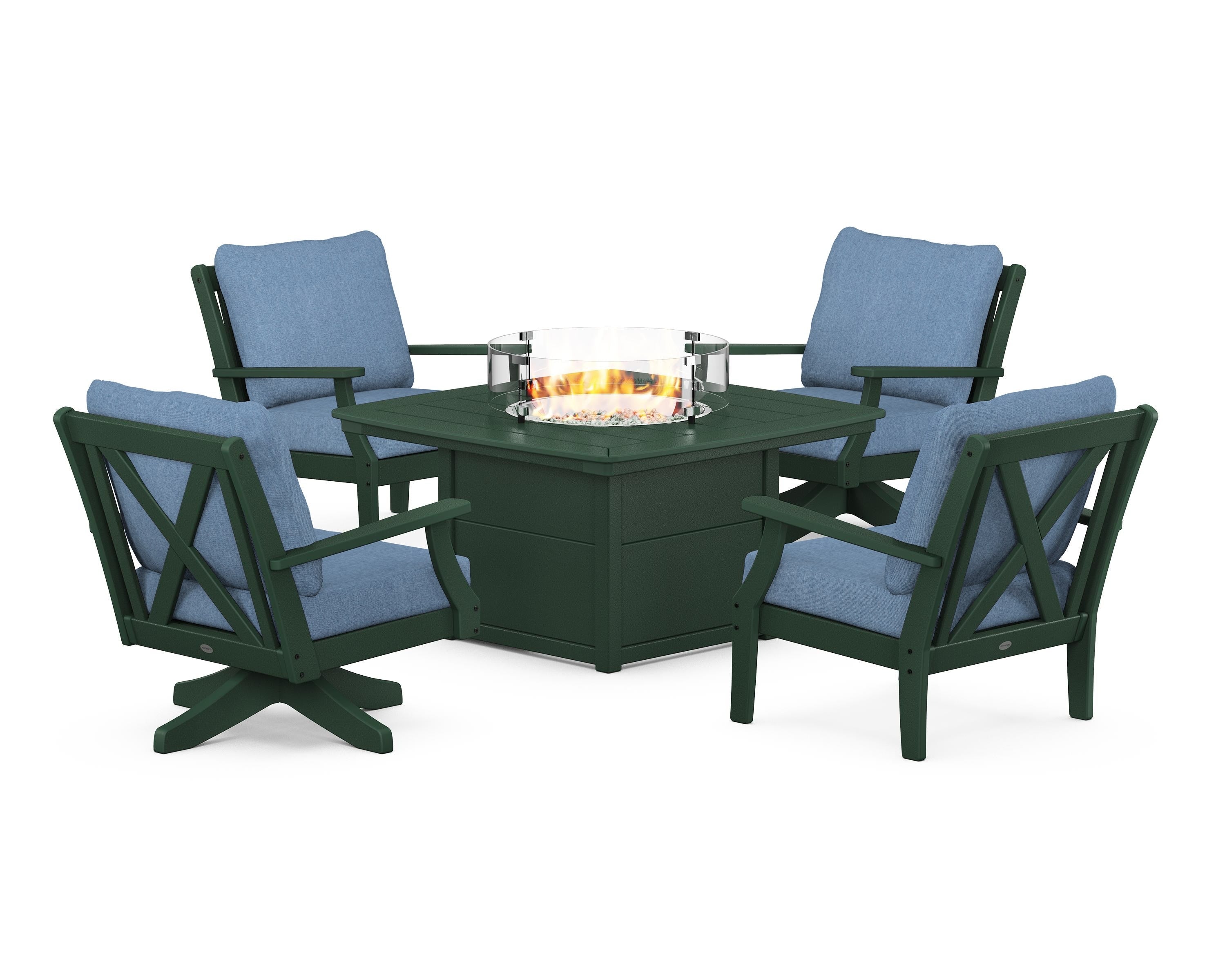 POLYWOOD® Braxton 5-Piece Deep Seating Set with Fire Table in Green / Sky Blue