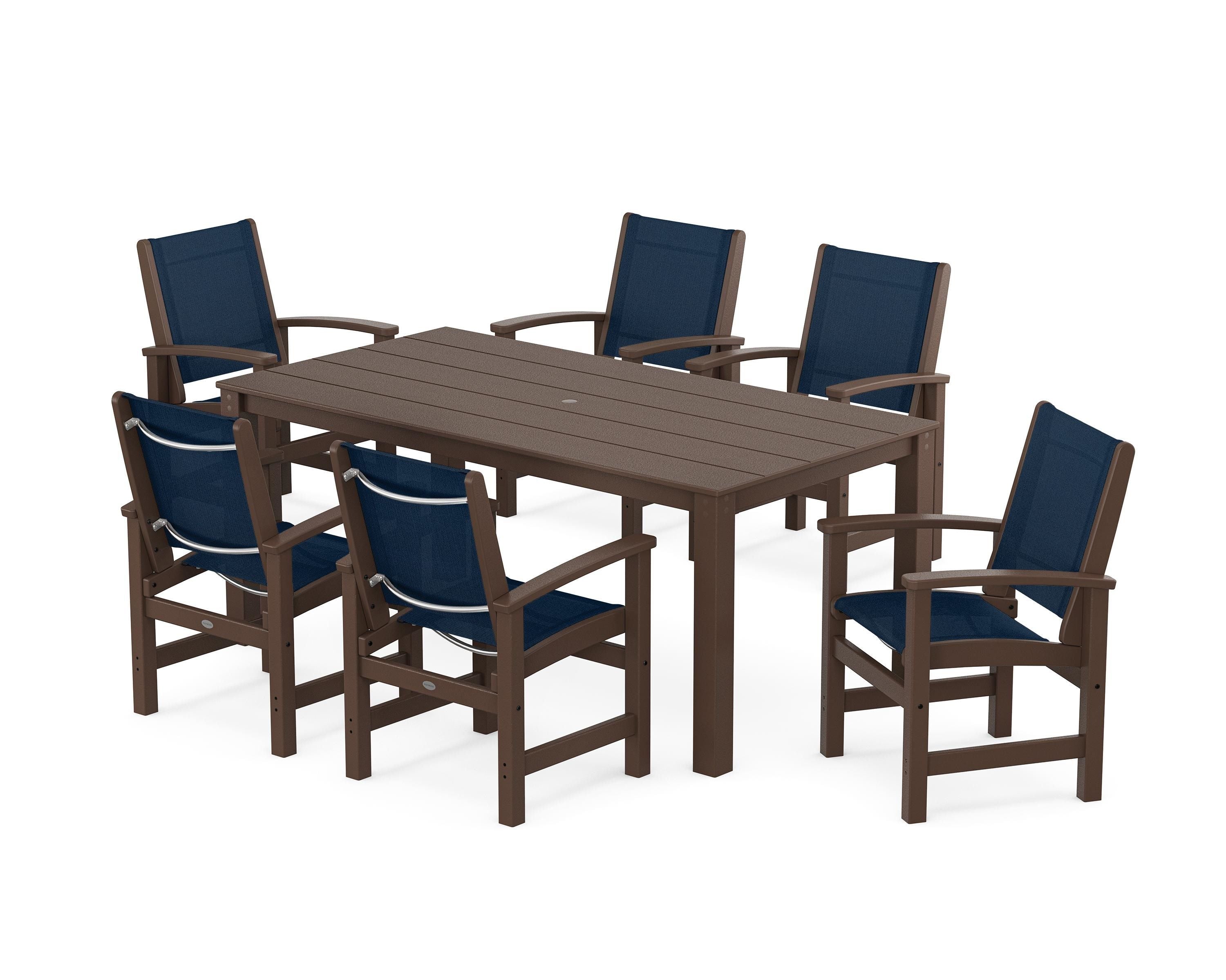 POLYWOOD® Coastal 7-Piece Parsons Dining Set in Mahogany / Navy Blue Sling