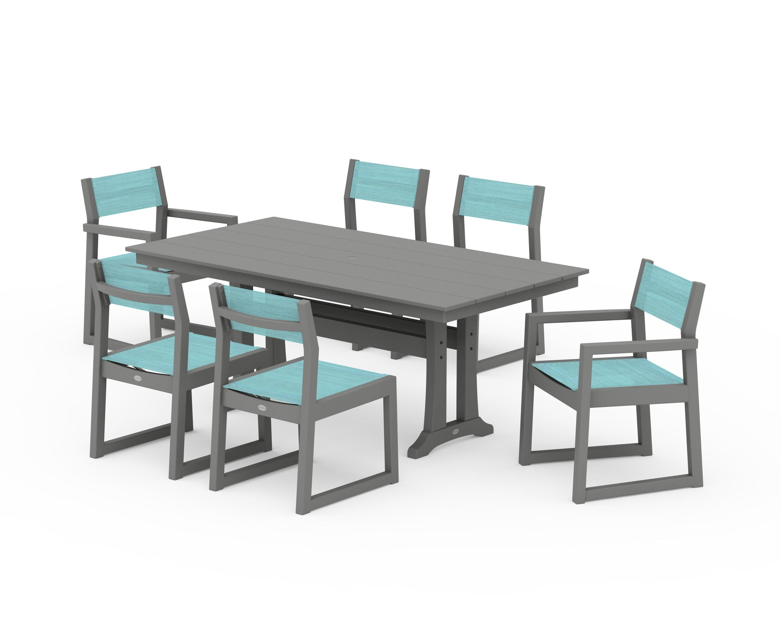 POLYWOOD® EDGE Sling 7-Piece Farmhouse Trestle Dining Set in Slate Grey / Dupioni Aquamarine Sling