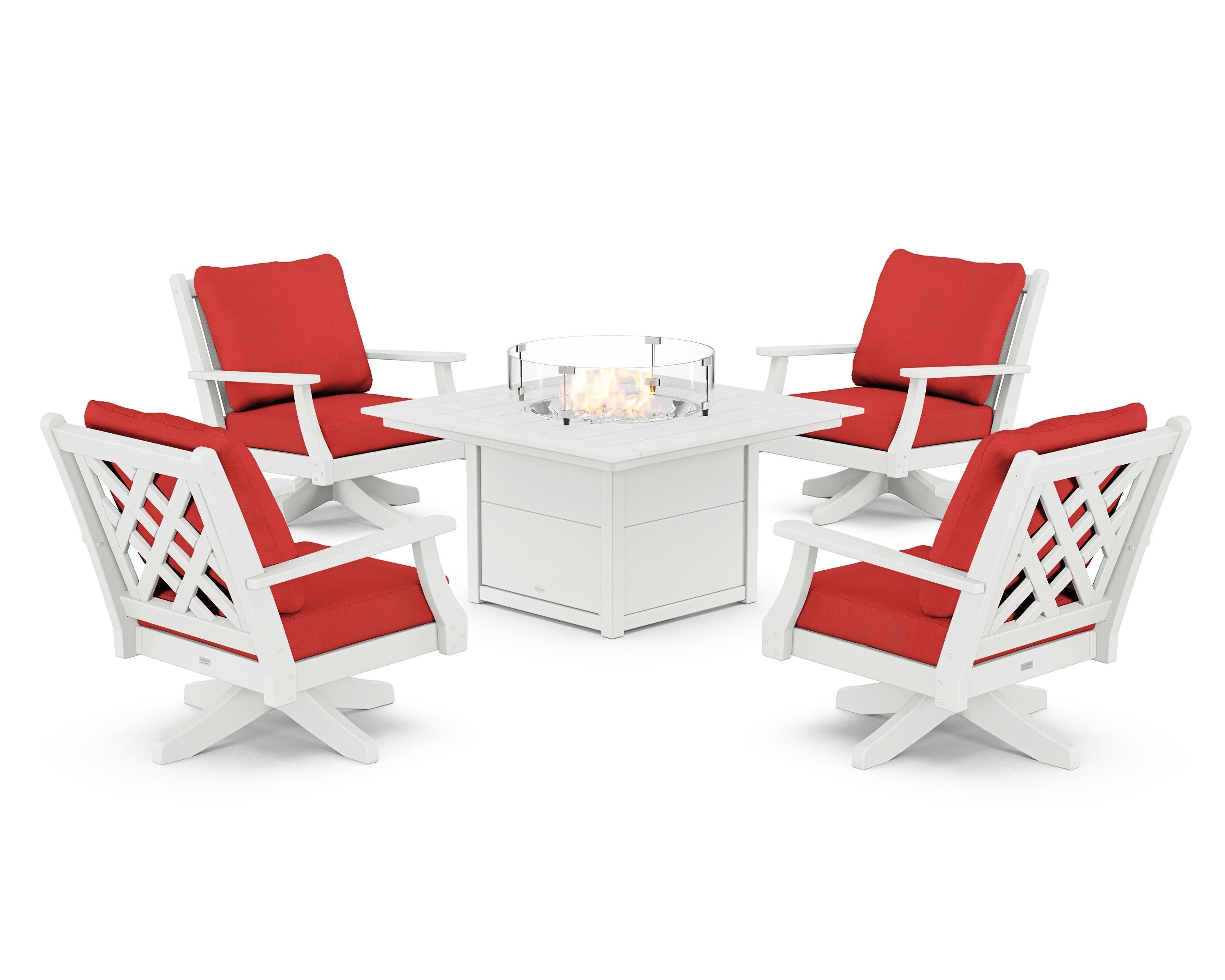 Country Living Wovendale 5-Piece Deep Seating Swivel Conversation Set with Fire Pit Table in White / Crimson Linen