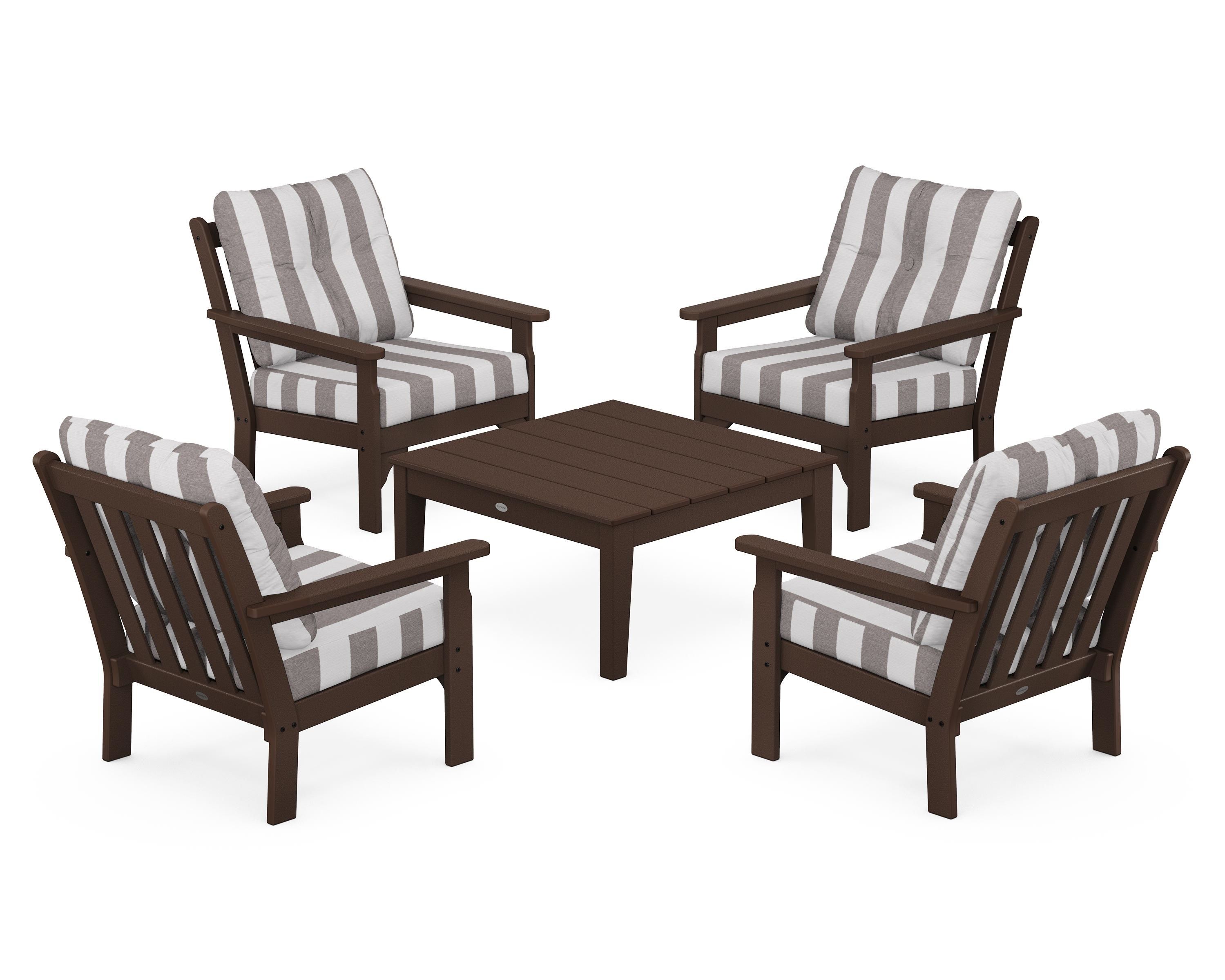 POLYWOOD® Vineyard 5-Piece Deep Seating Conversation Set in Mahogany / Cabana Stripe Grey Mist