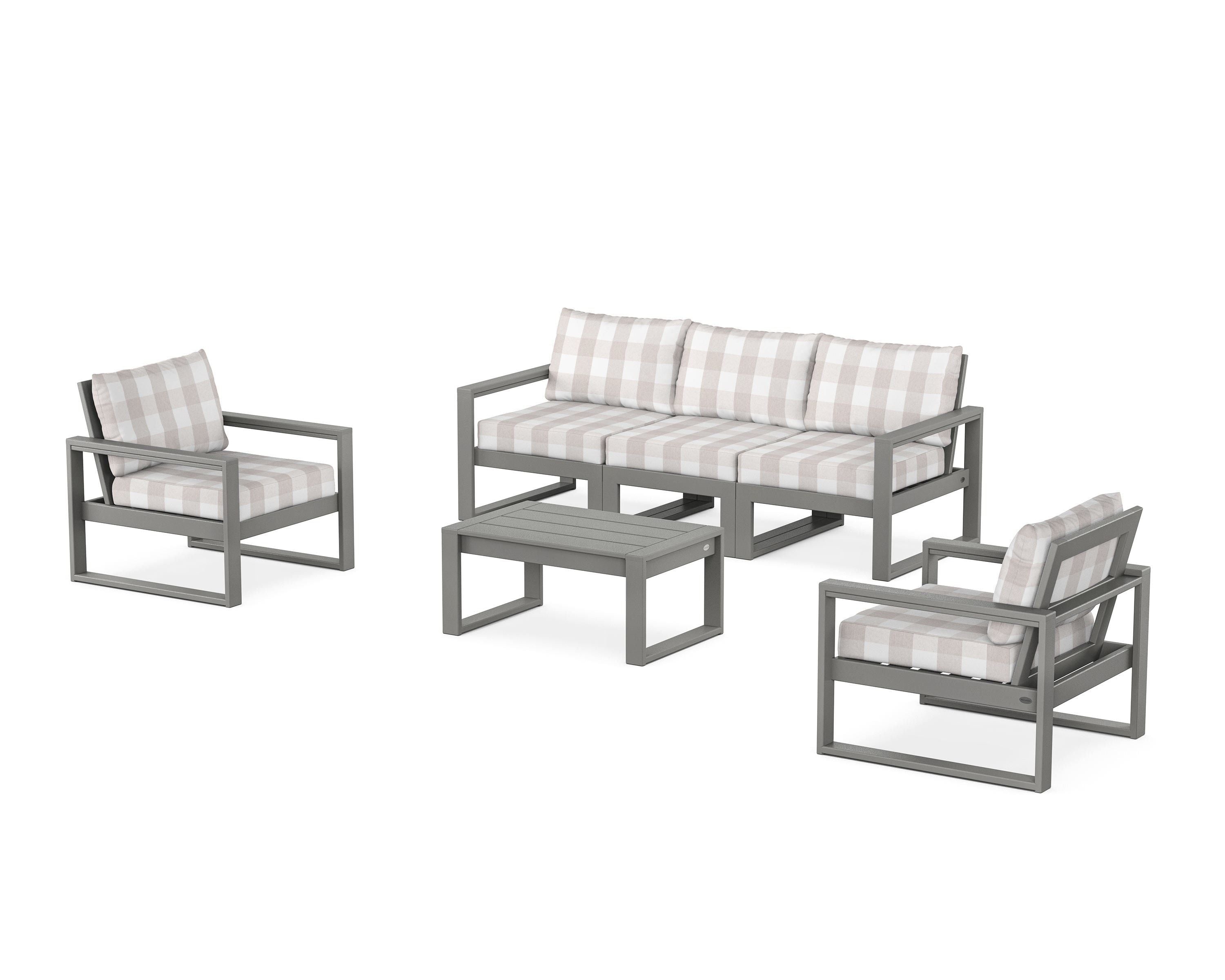POLYWOOD® EDGE Sectional 4-Piece Deep Seating Set with Sofa in Slate Grey / Buffalo Plaid Dune Burlap