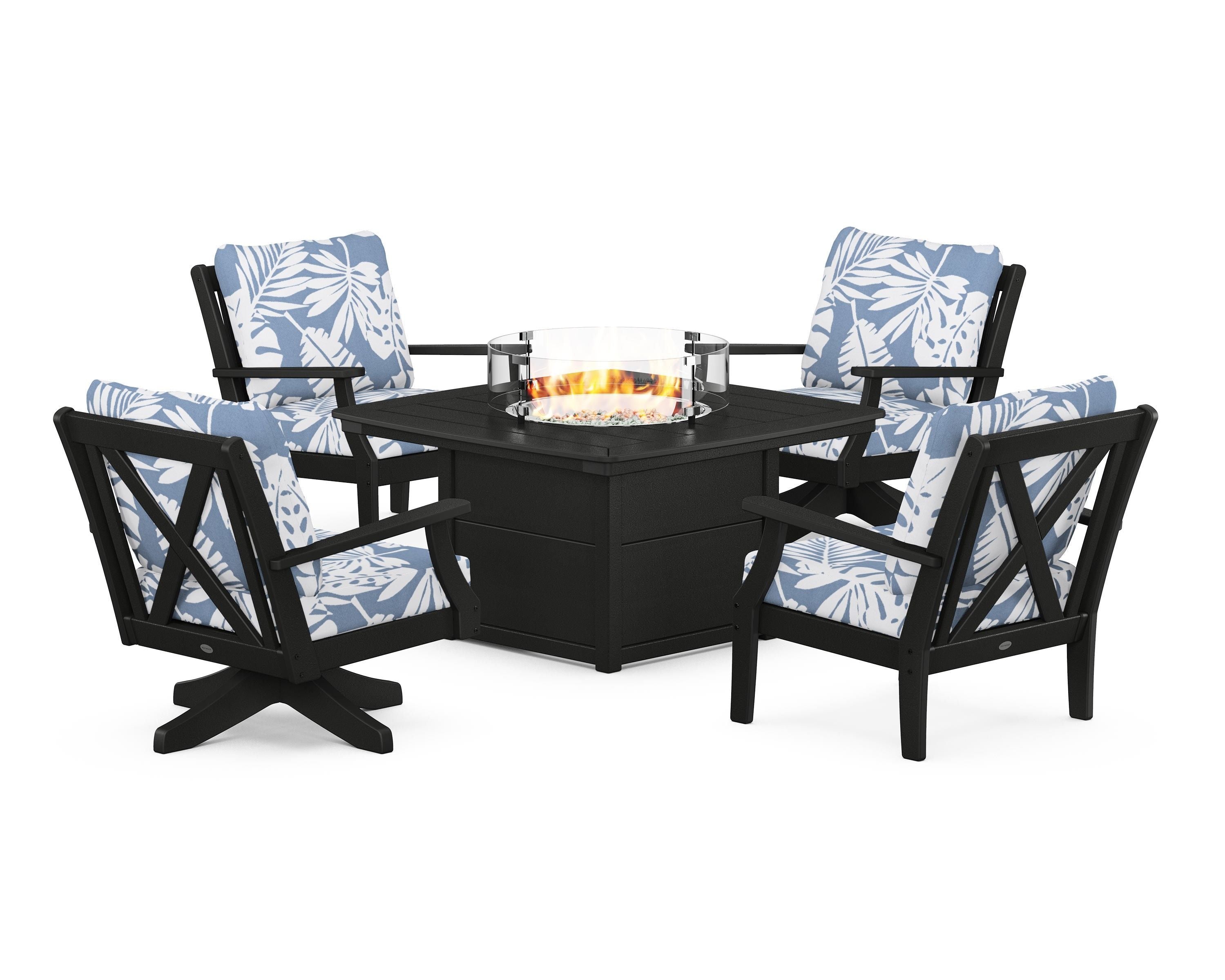 POLYWOOD® Braxton 5-Piece Deep Seating Set with Fire Table in Black / Leaf Sky Blue
