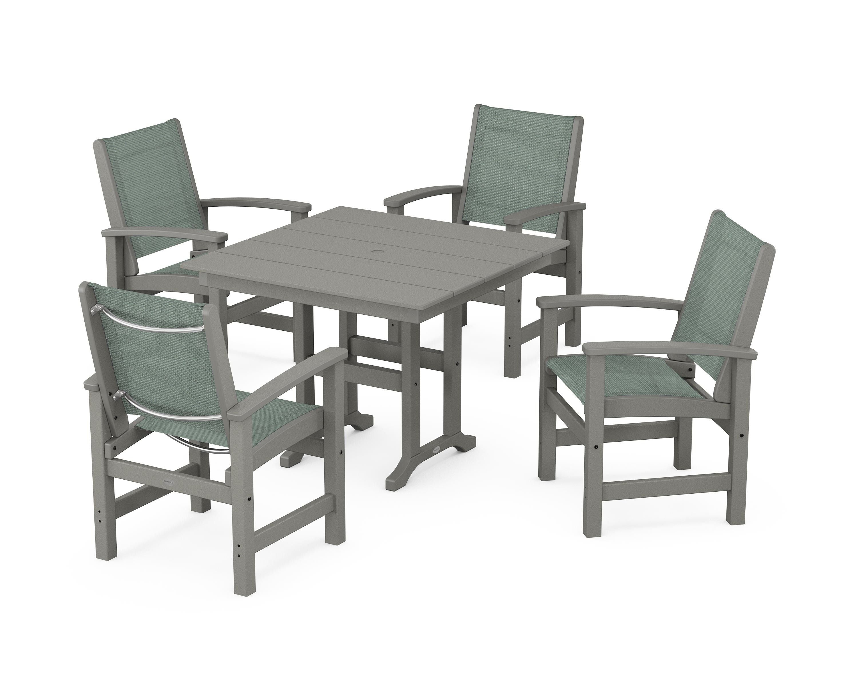 POLYWOOD® Coastal 5-Piece Farmhouse Dining Set in Slate Grey / Dupioni Sea Mist Sling