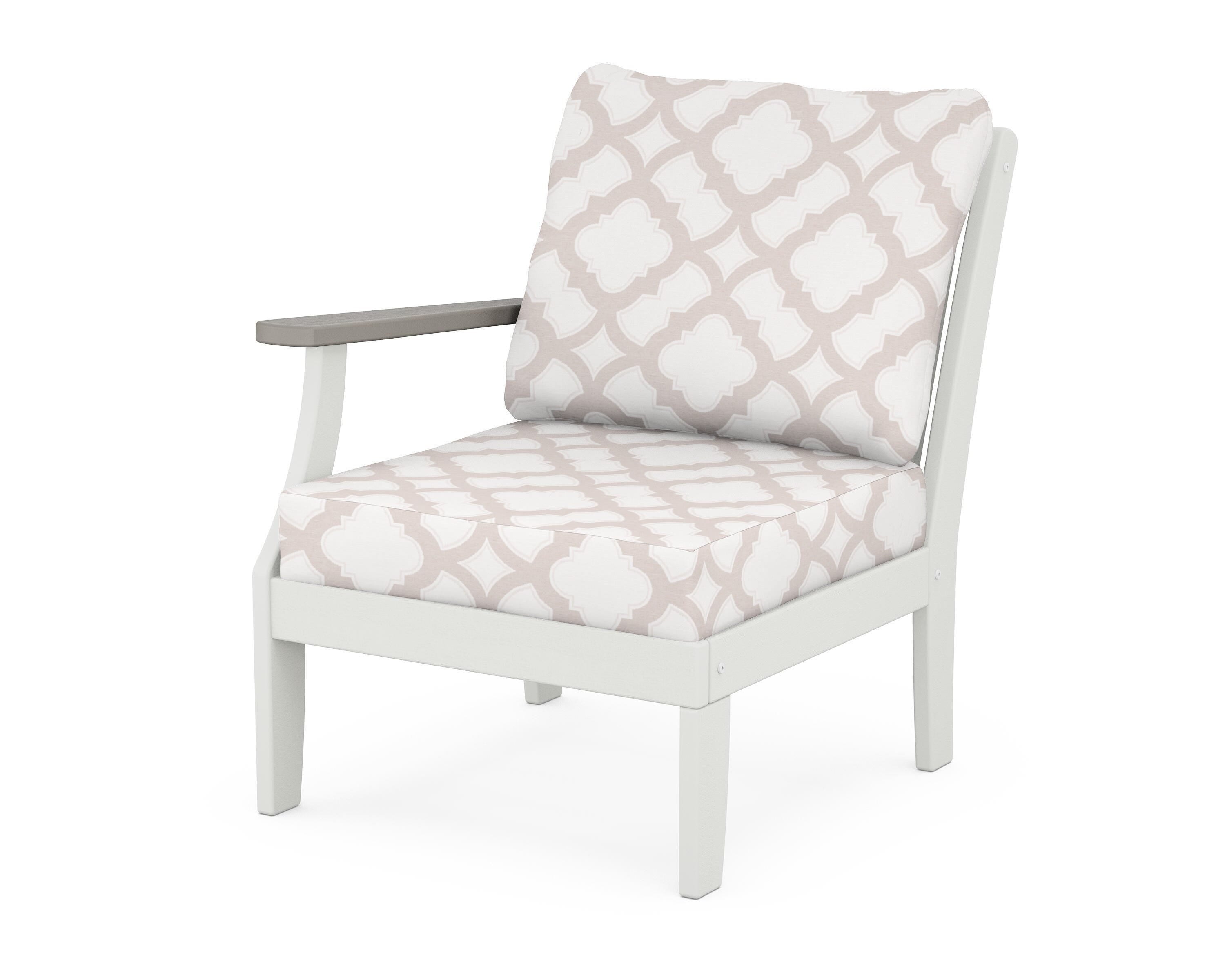 POLYWOOD® Braxton Modular Left Arm Chair in White / Driftwood / Trellis Dune Burlap