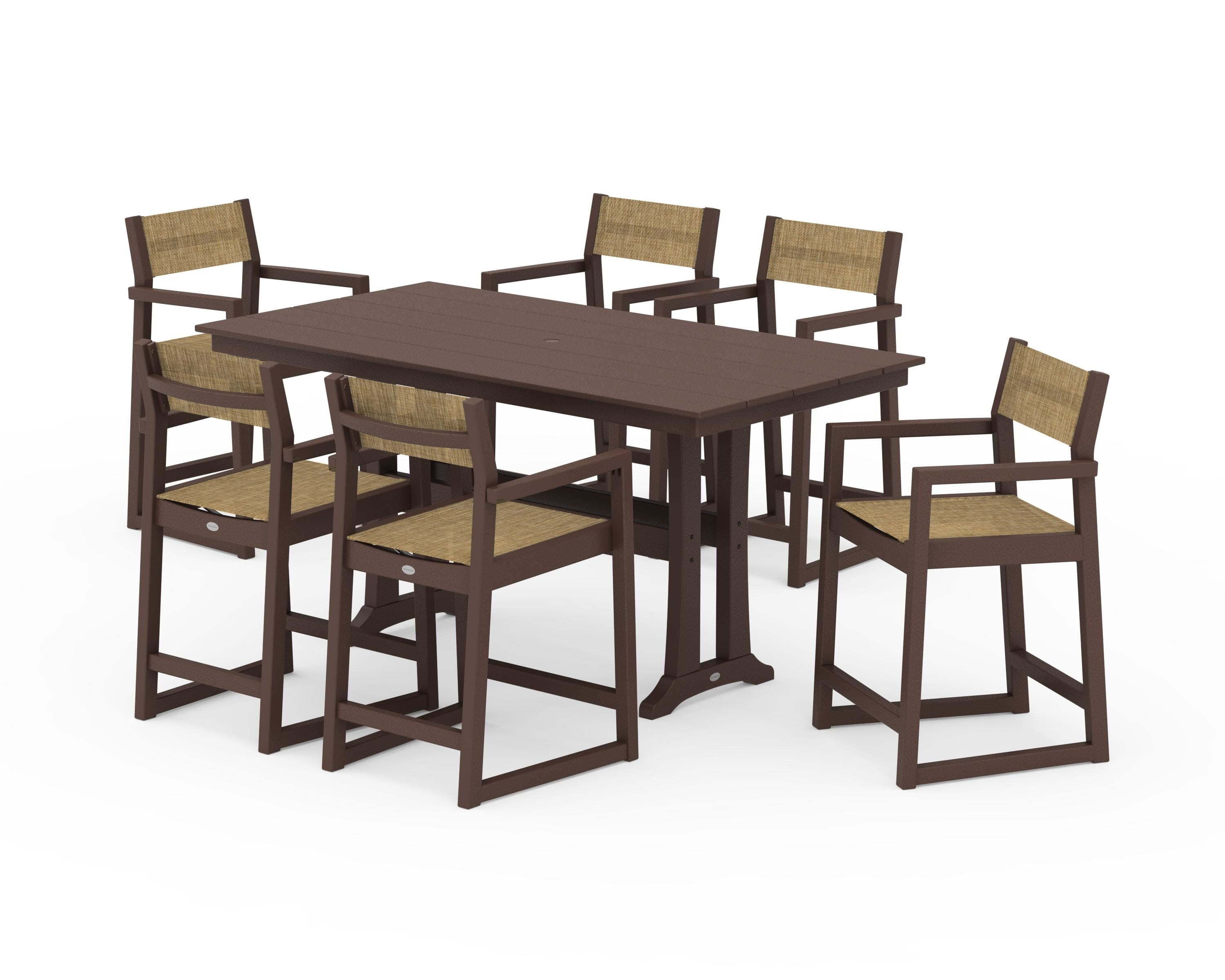 POLYWOOD® EDGE Sling Arm Chair 7-Piece Farmhouse Counter Set with Trestle Legs in Mahogany / Burlap Sling