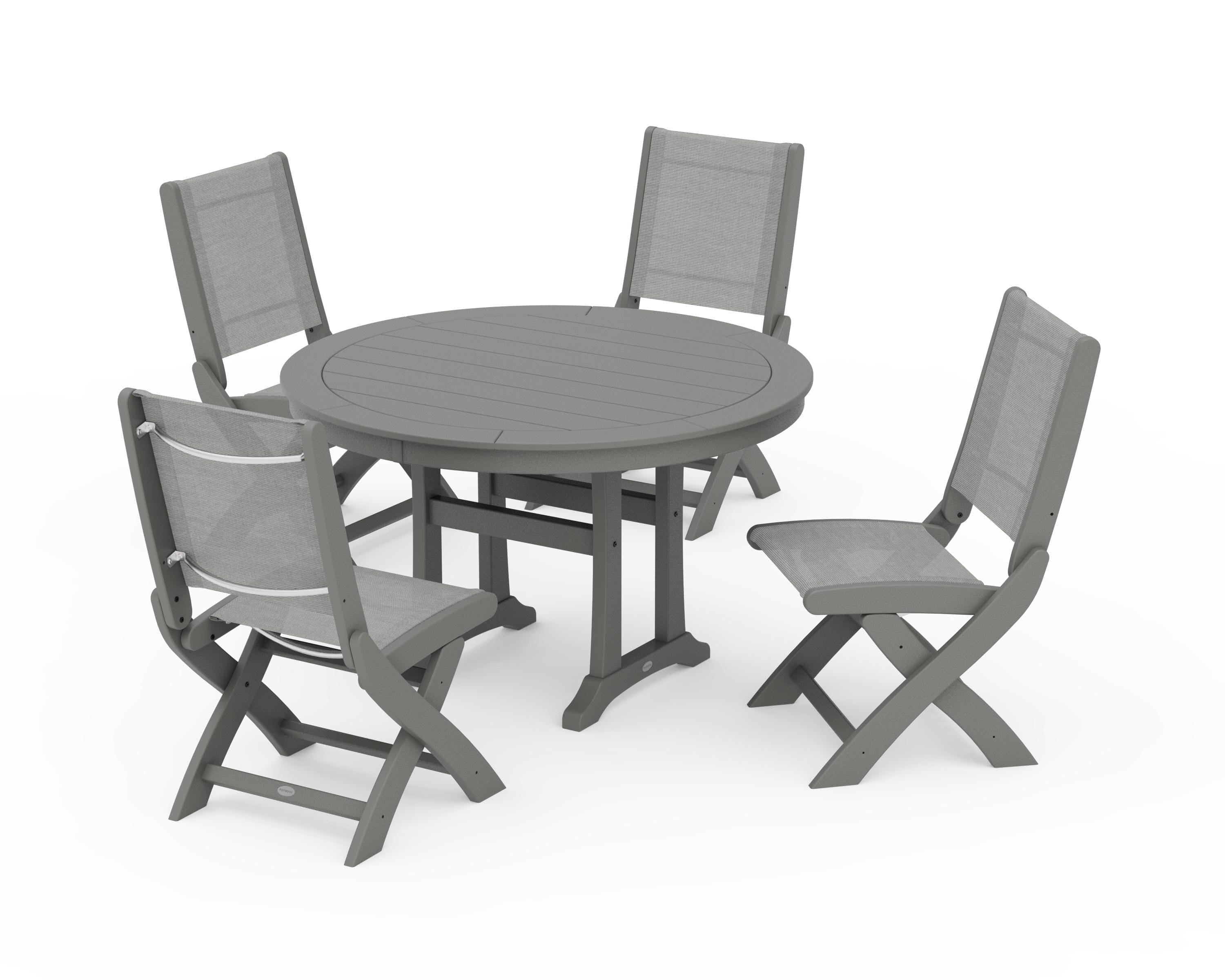 POLYWOOD® Coastal Folding Side Chair 5-Piece Round Dining Set With Trestle Legs in Slate Grey / Metallic Sling