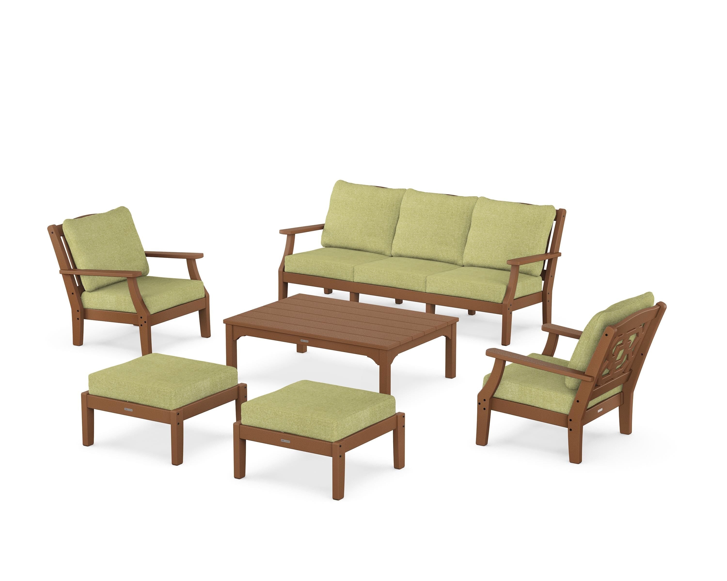 Martha Stewart by POLYWOOD® Chinoiserie 6-Piece Lounge Sofa Set in Teak / Chartreuse Boucle
