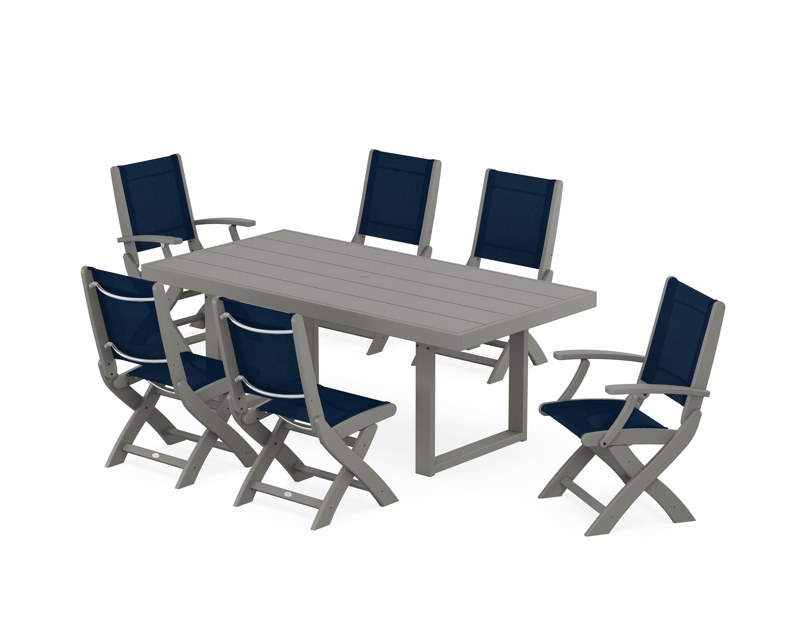 POLYWOOD® Coastal Folding Chair 7-Piece Dining Set with Trestle Legs in Slate Grey / Navy Blue Sling
