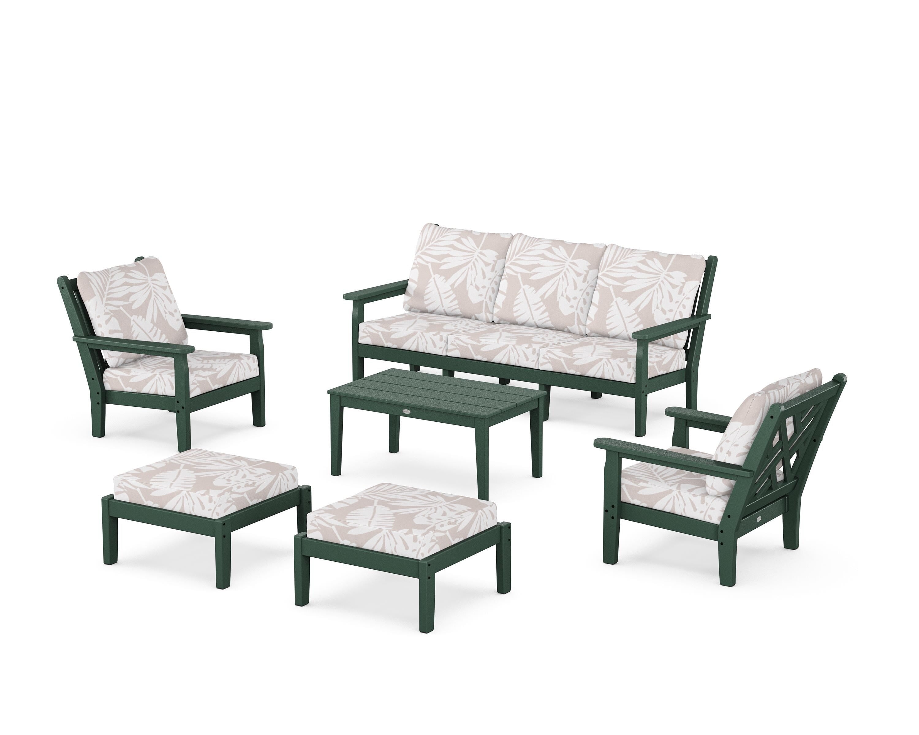 POLYWOOD® Chippendale 6-Piece Lounge Sofa Set in Green / Leaf Dune Burlap